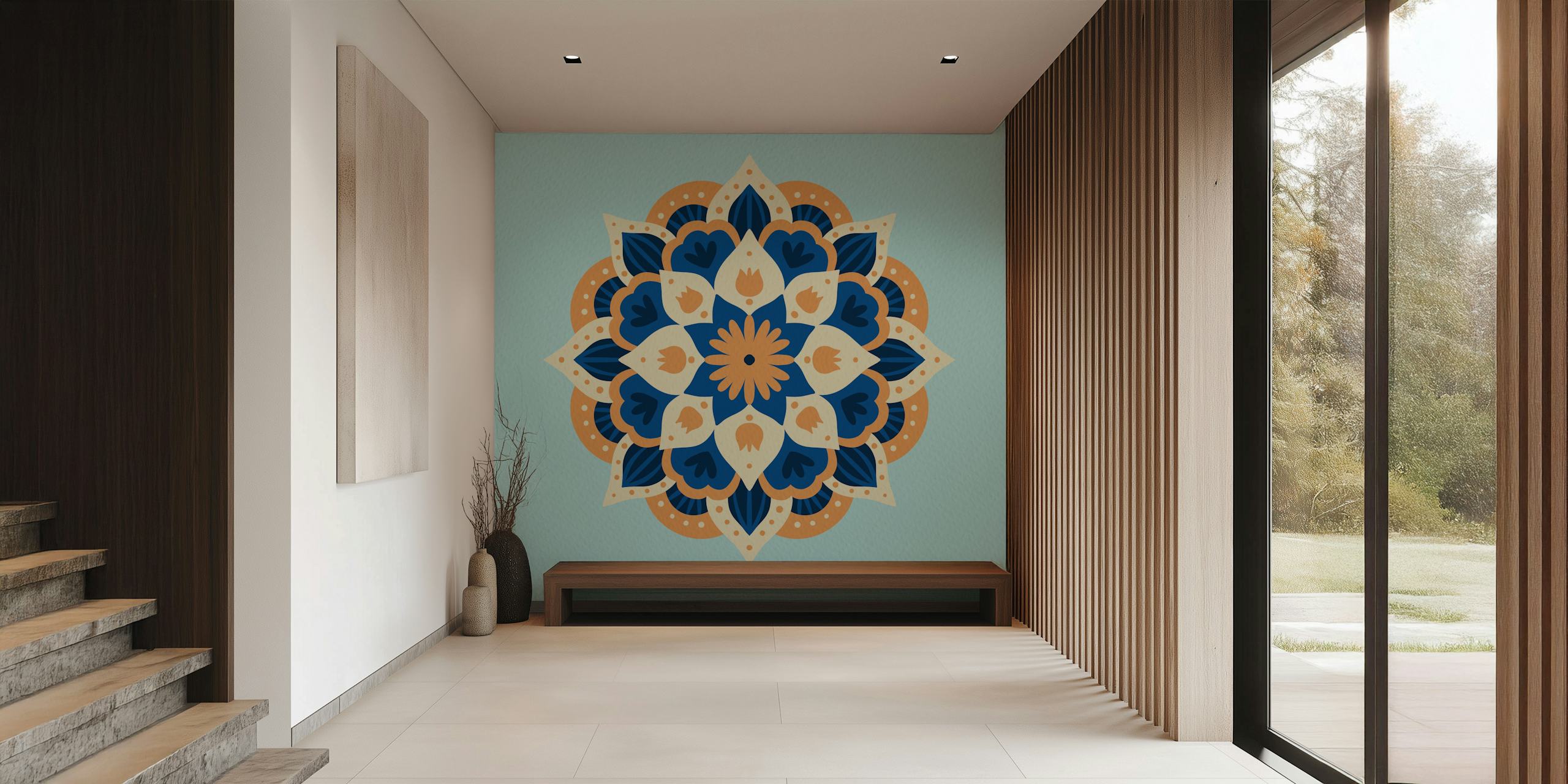 Πορτοκαλί μπλε Modern dahlia mandala ταπετσαρία