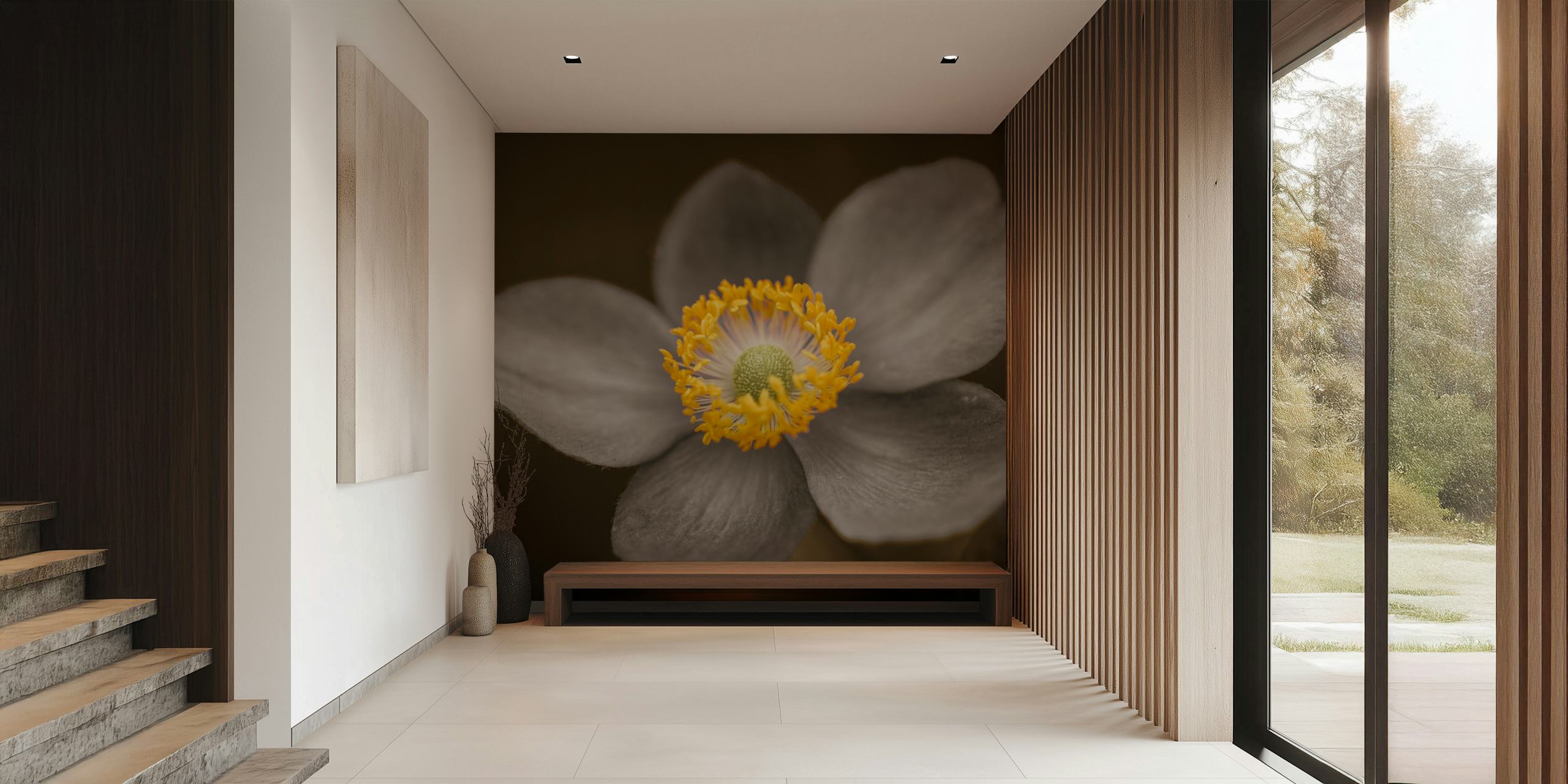 Gray floral wallpaper featuring an anemone flower with yellow and green details