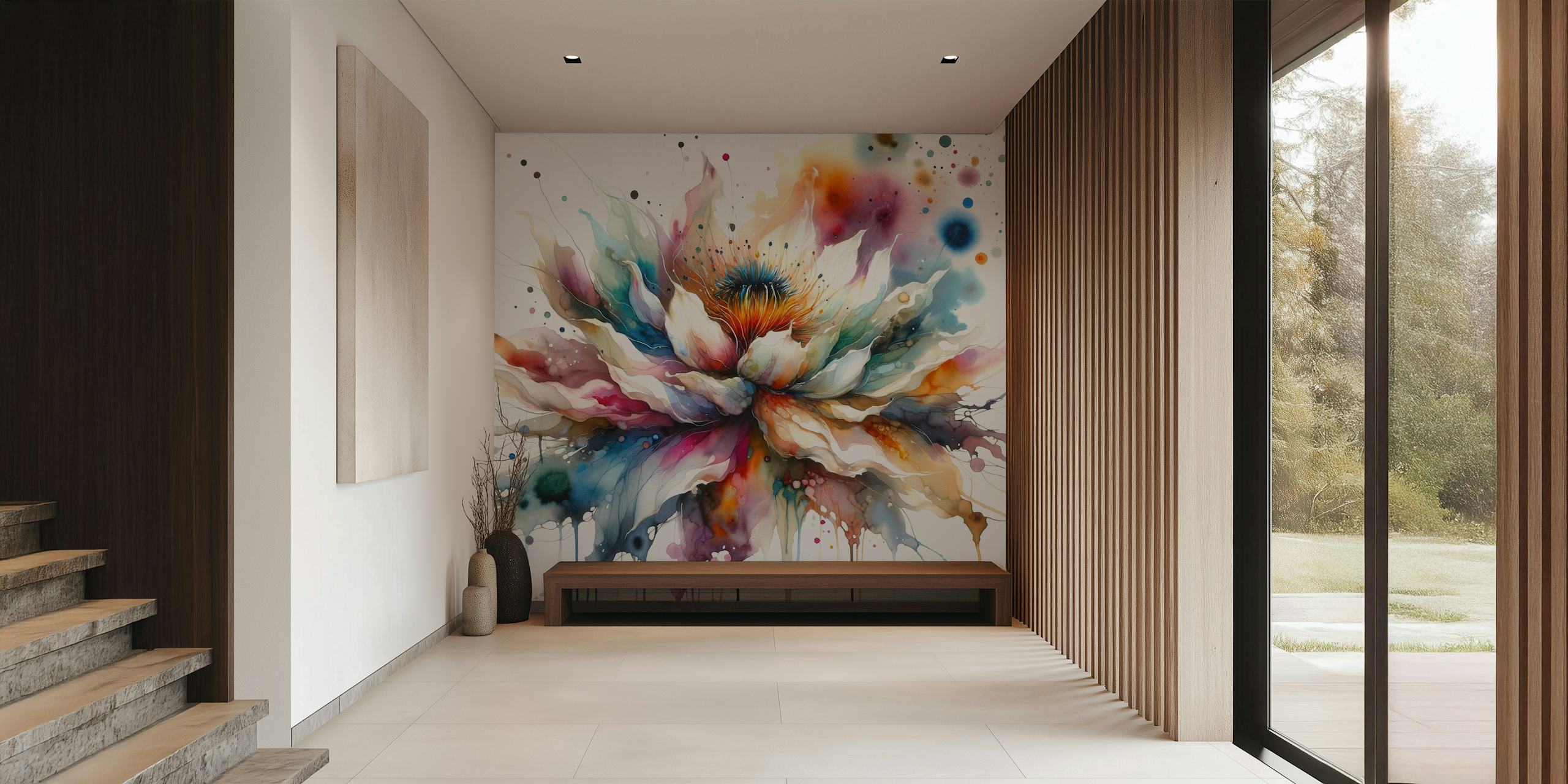 Vibrant flower design in soft pastels and bright splashes, watercolor style wallpaper