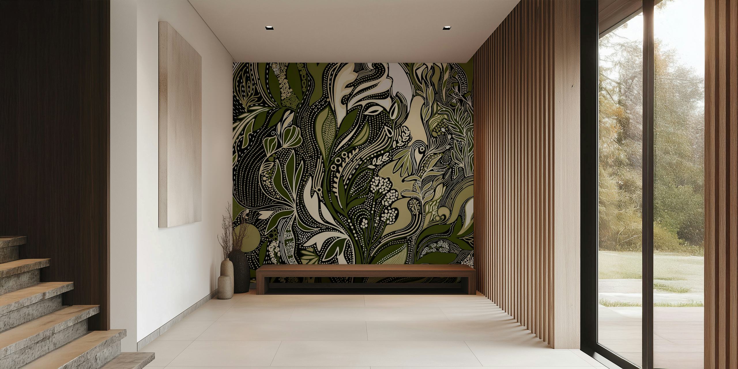 Botanical pattern in green and beige tones wallpaper