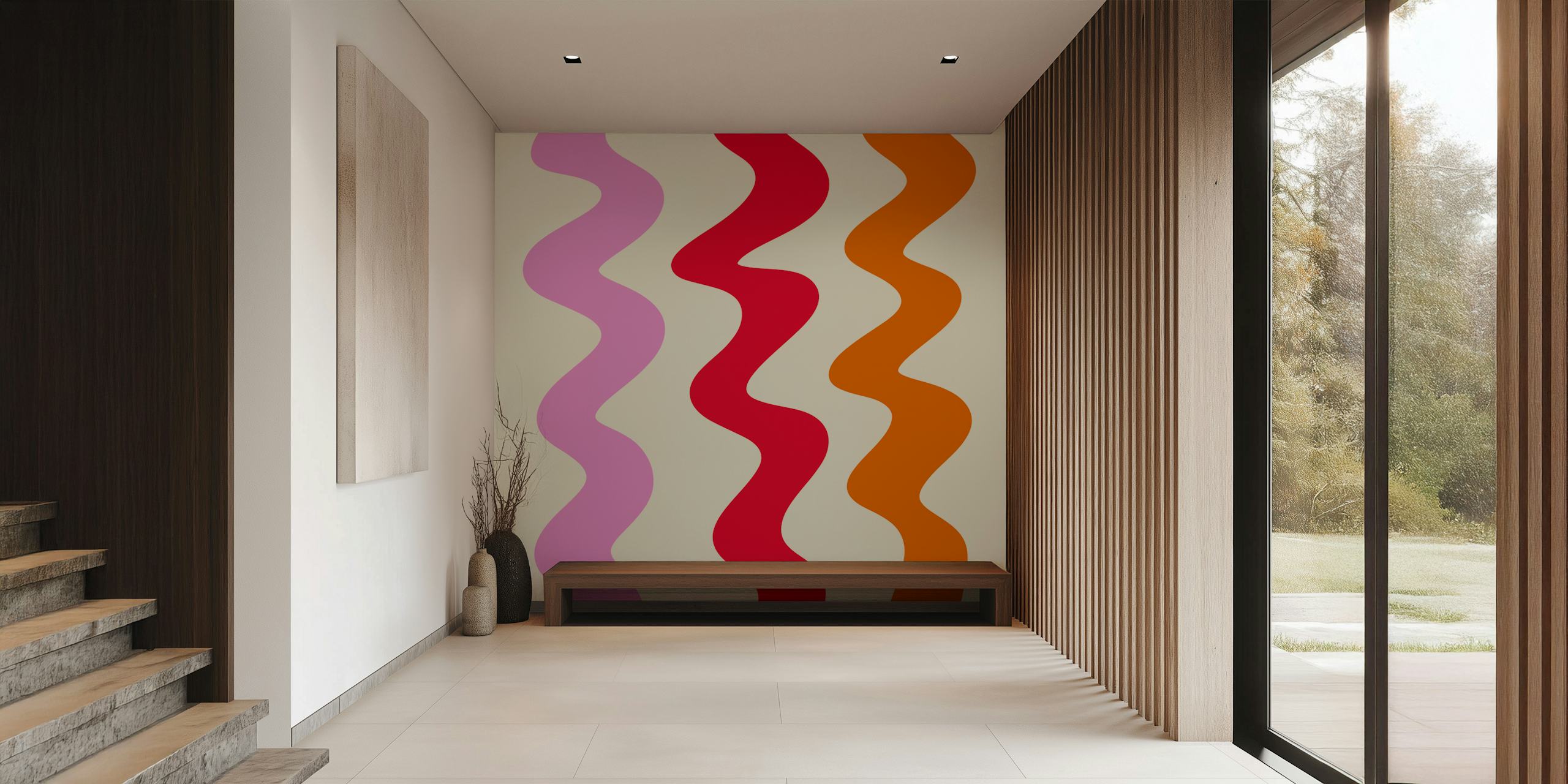 Wavy lines in pink, red, and orange on a light background wallpaper