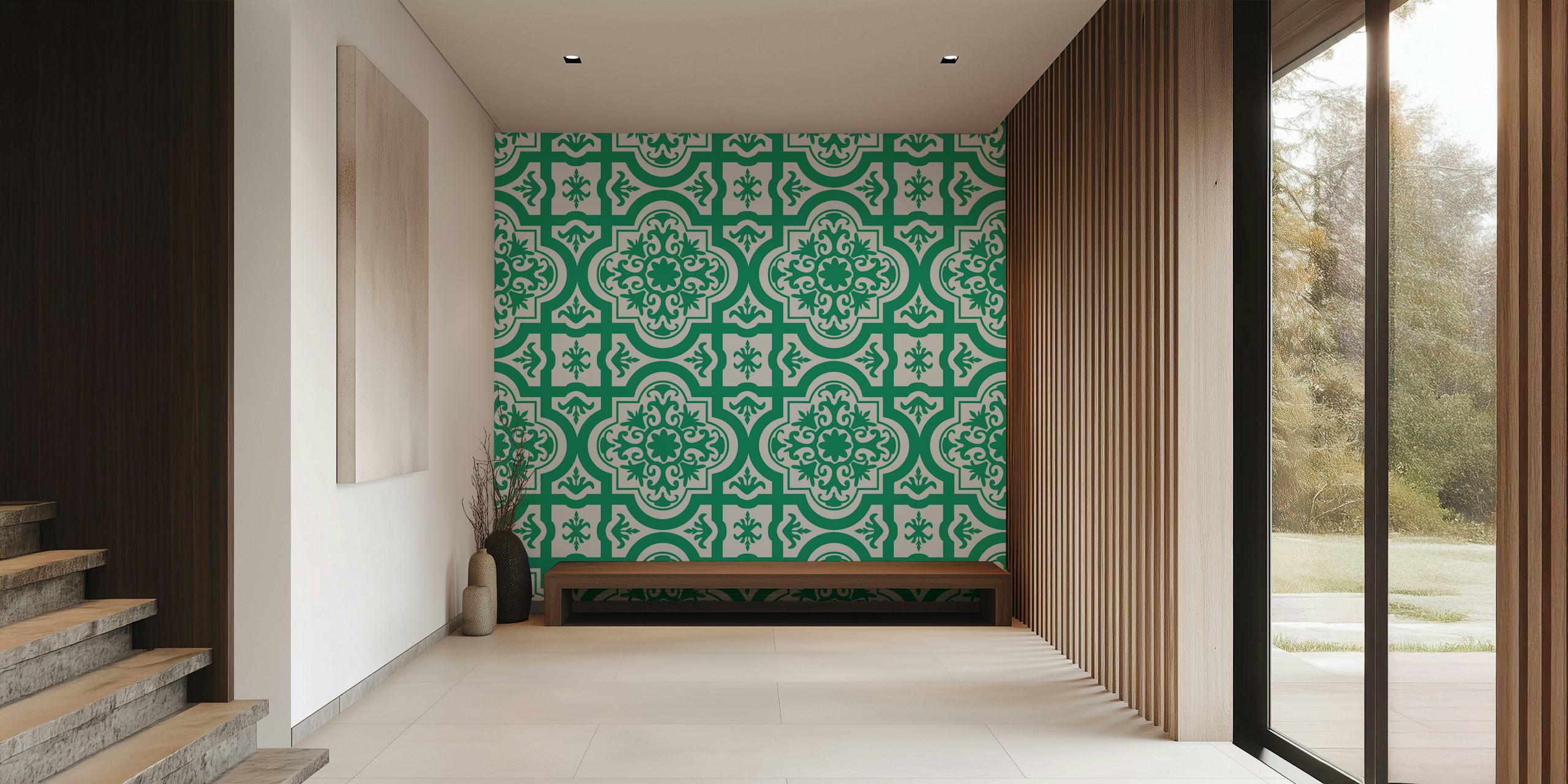 Jade green white Turkish tile pattern behang