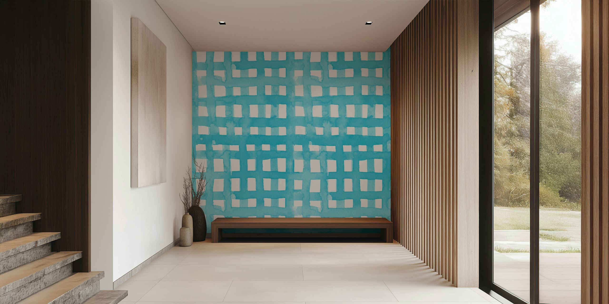 Pastel blue grid watercolor wallpaper displayed in a room