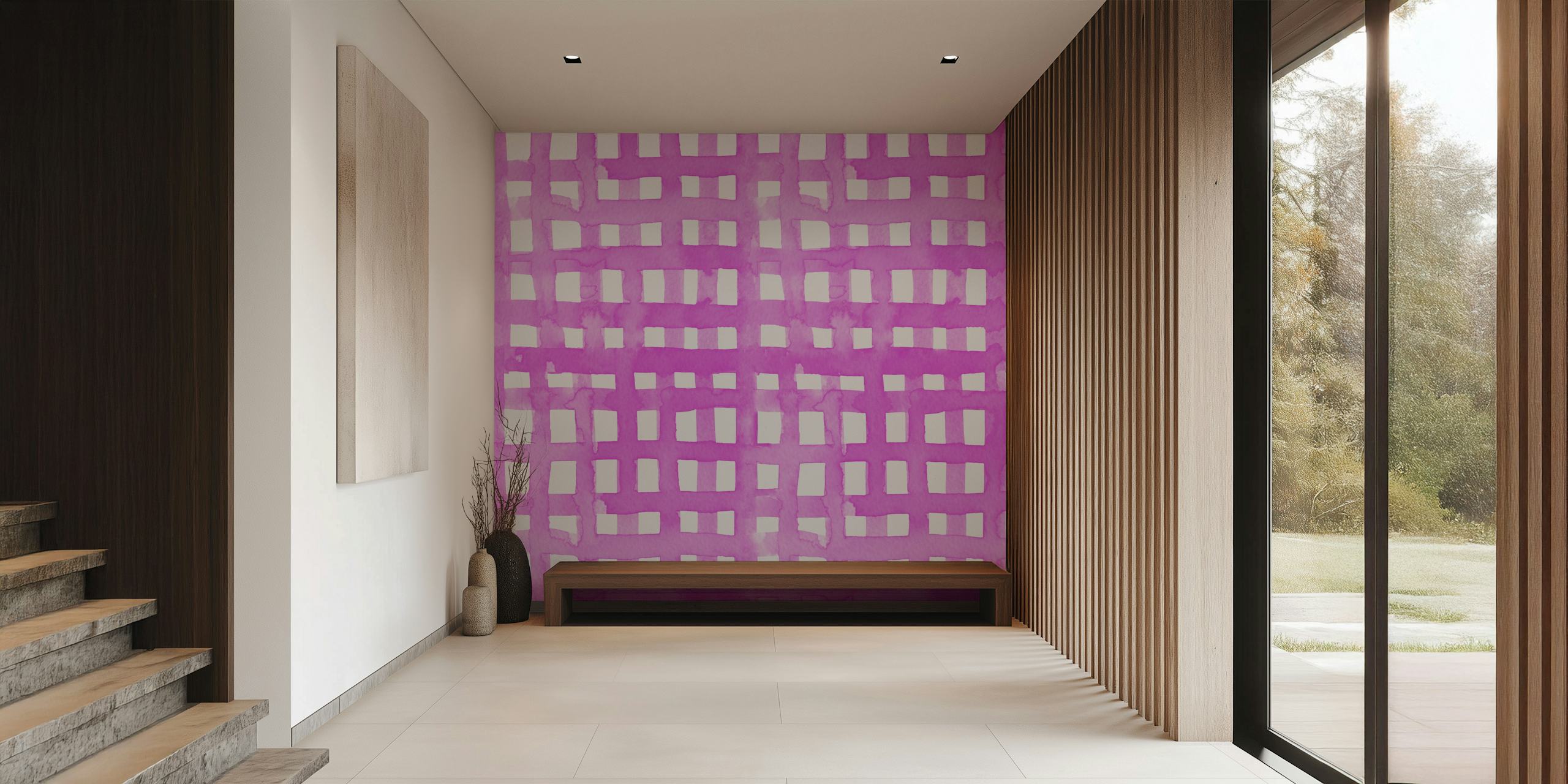Watercolor pink grid wallpaper in een stijlvolle kamer