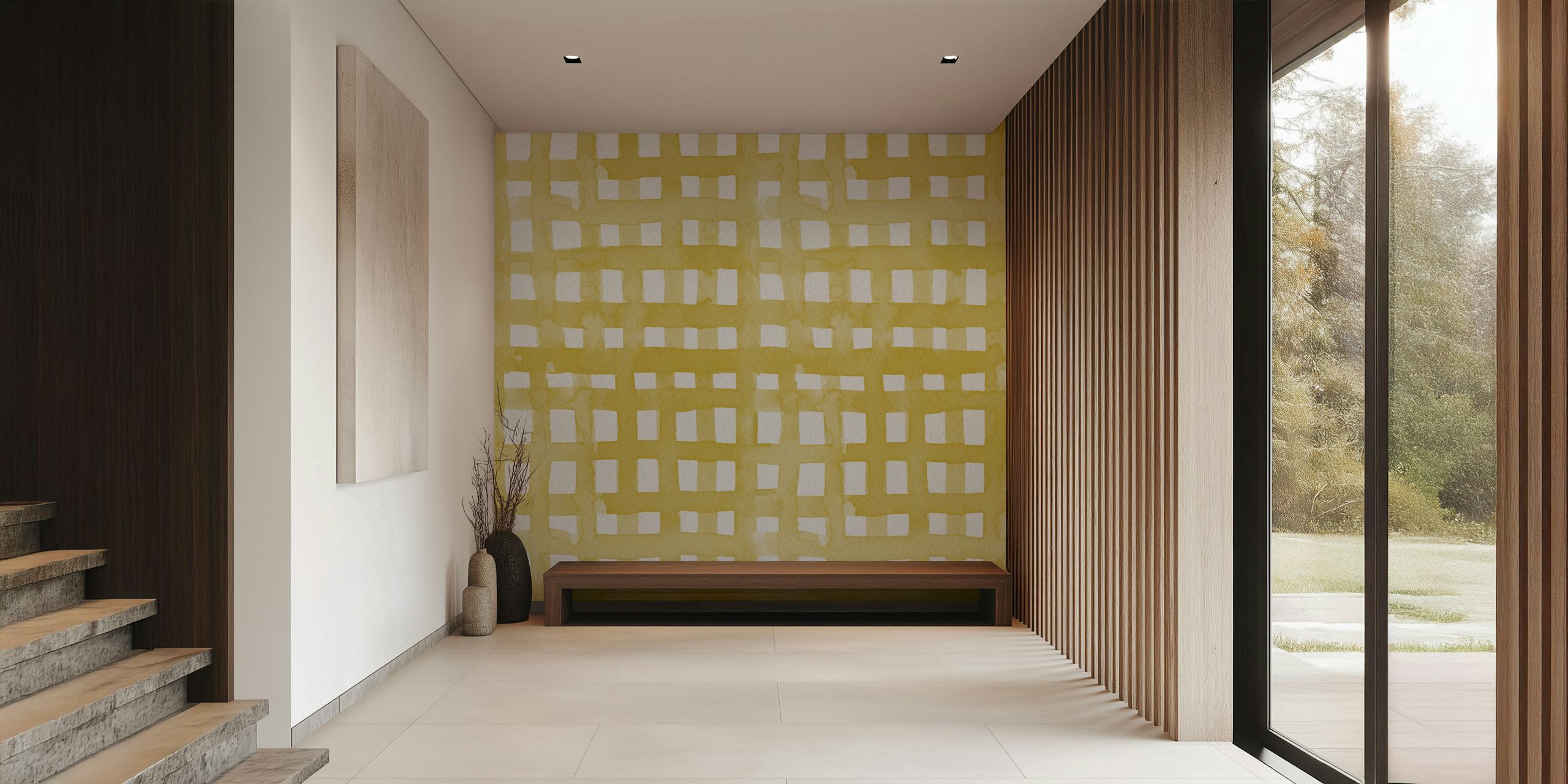 Watercolor pastel yellow grid wallpaper in a room