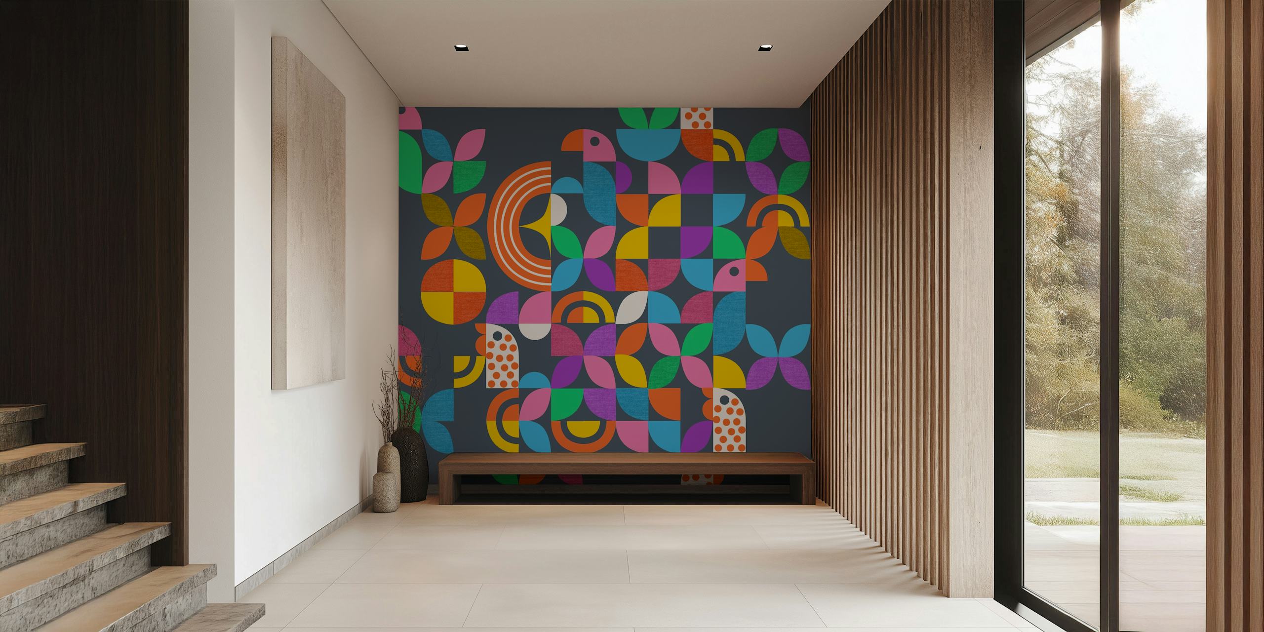 Colorful geometric birds and shapes wallpaper