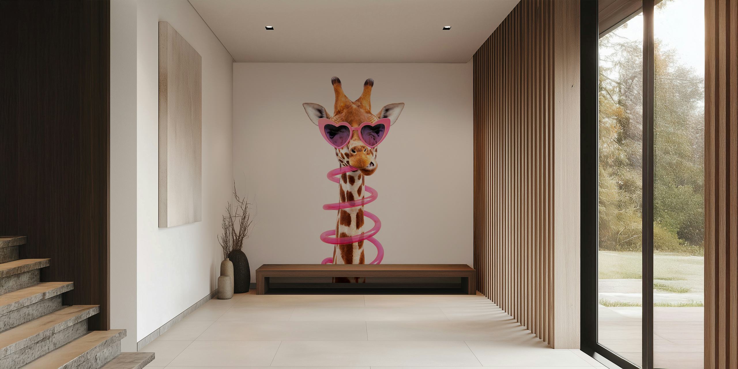 Giraffe wearing heart-shaped sunglasses with pink spiral decoration wallpaper