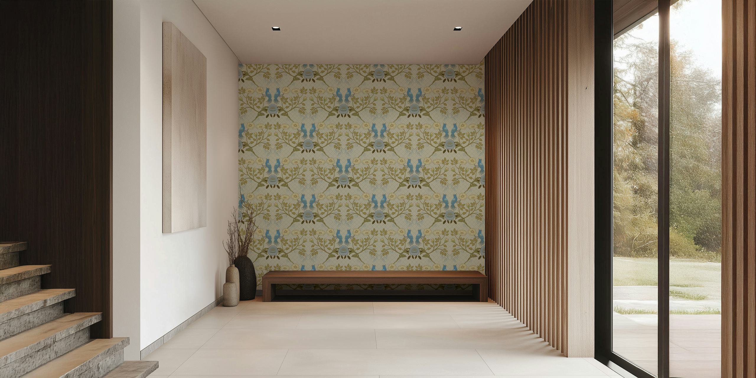 Blue birds perched on rose bush pattern with yellow flowers wallpaper