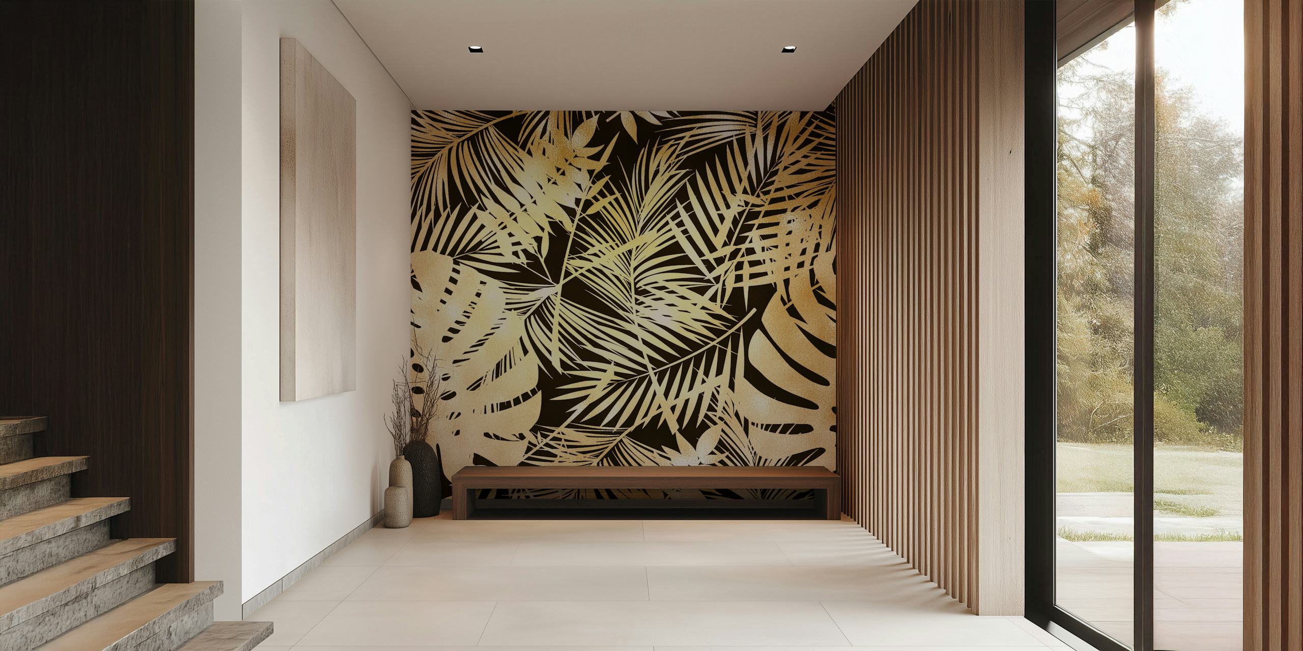Tropical Gold Jungle Leaves wallpaper in a room