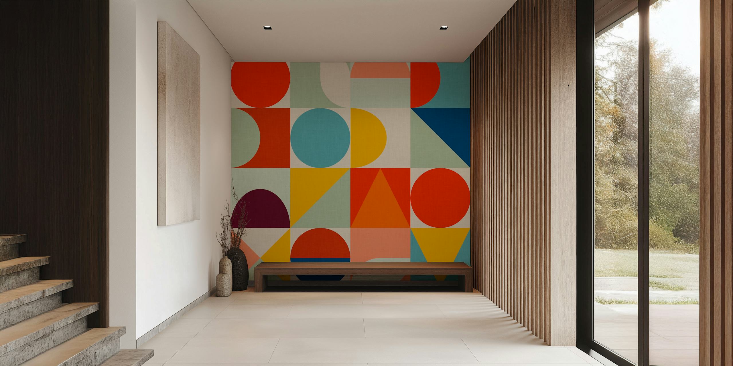 Geometric shapes in red, blue, yellow, and cream wallpaper