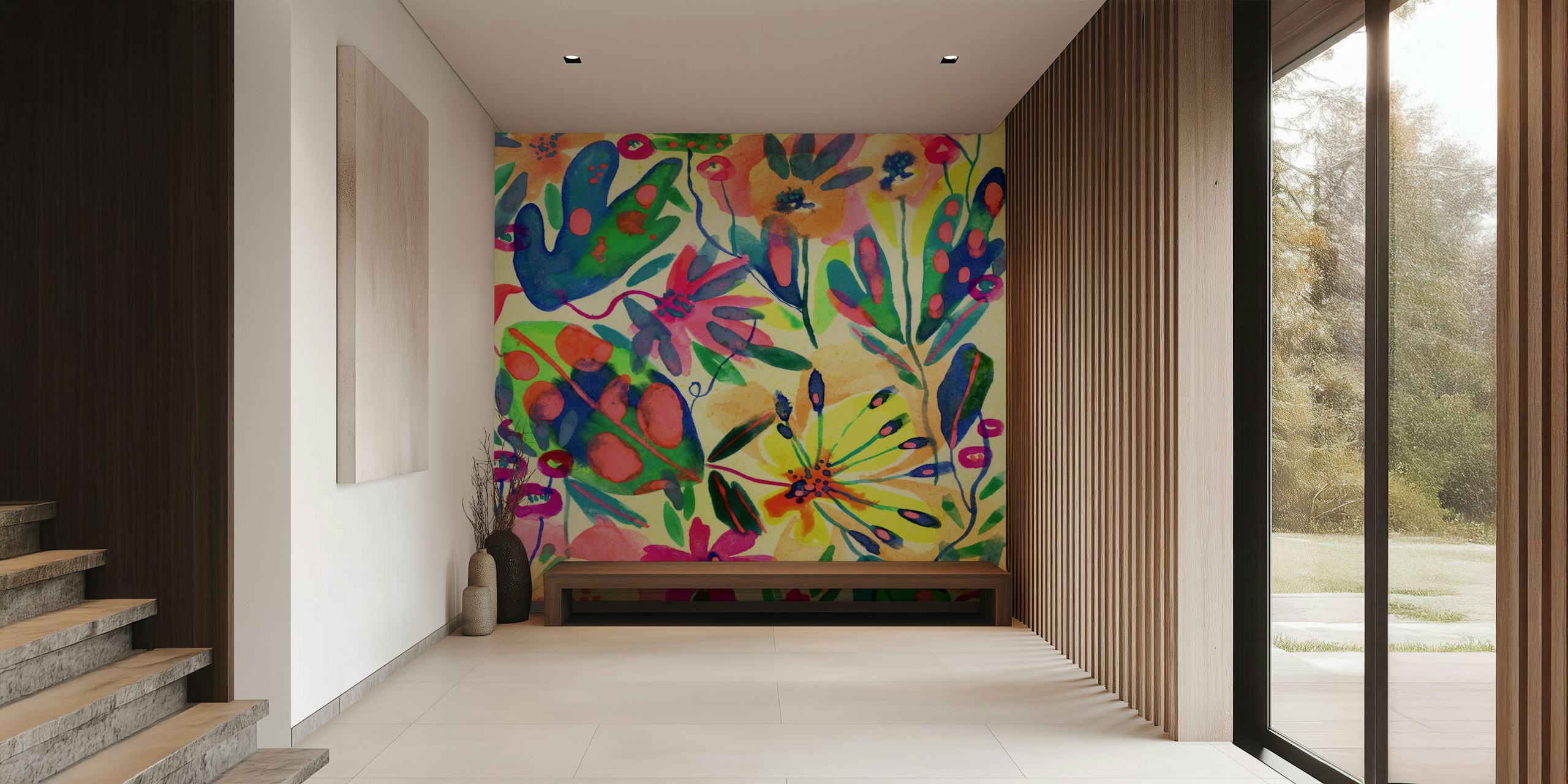 Bunte Blumenmuster in lebendigen Farben auf cremefarbenem Hintergrund, Wandtapete