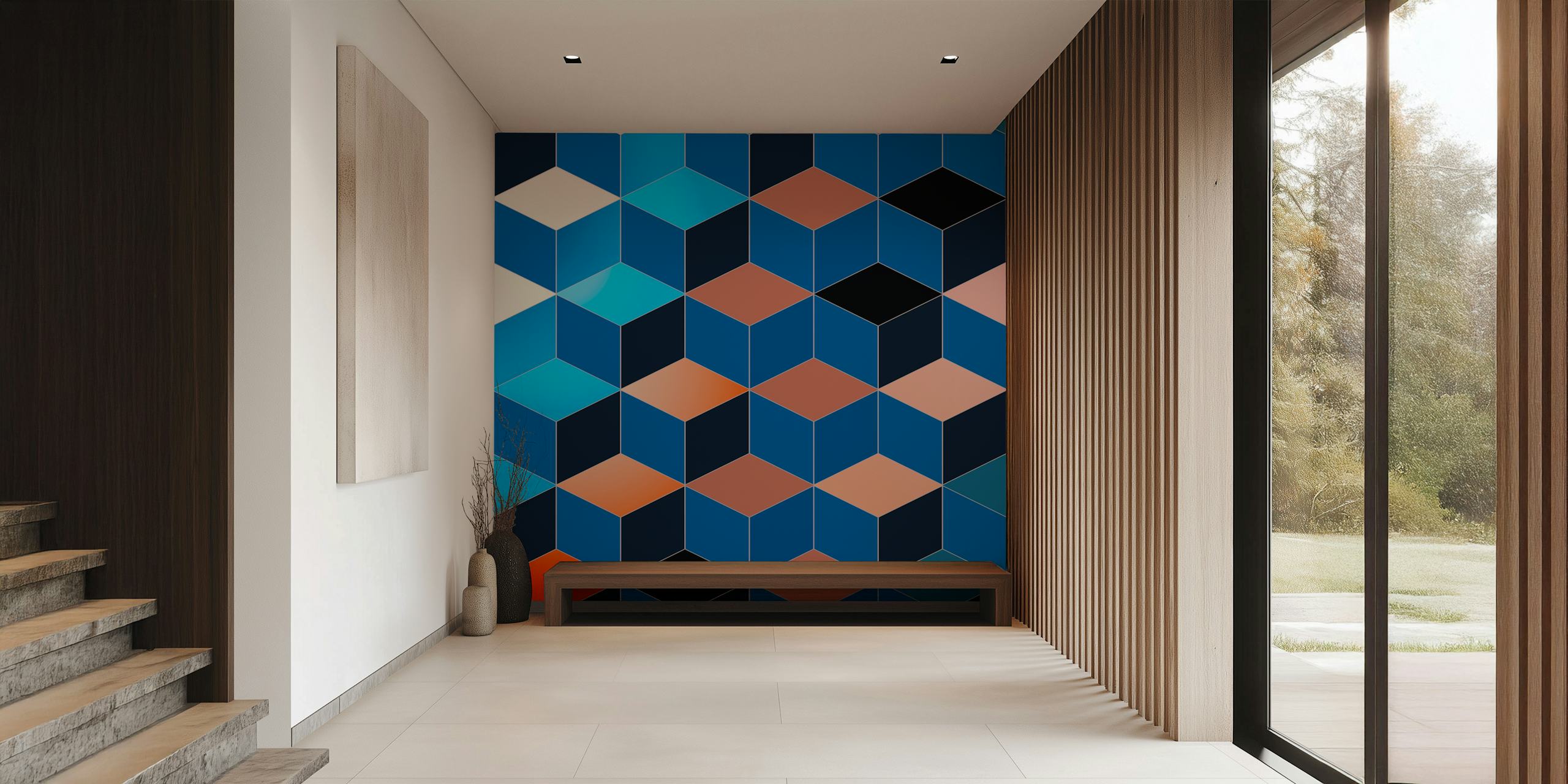Geometric cube pattern in blue, black, peach, and orange wallpaper