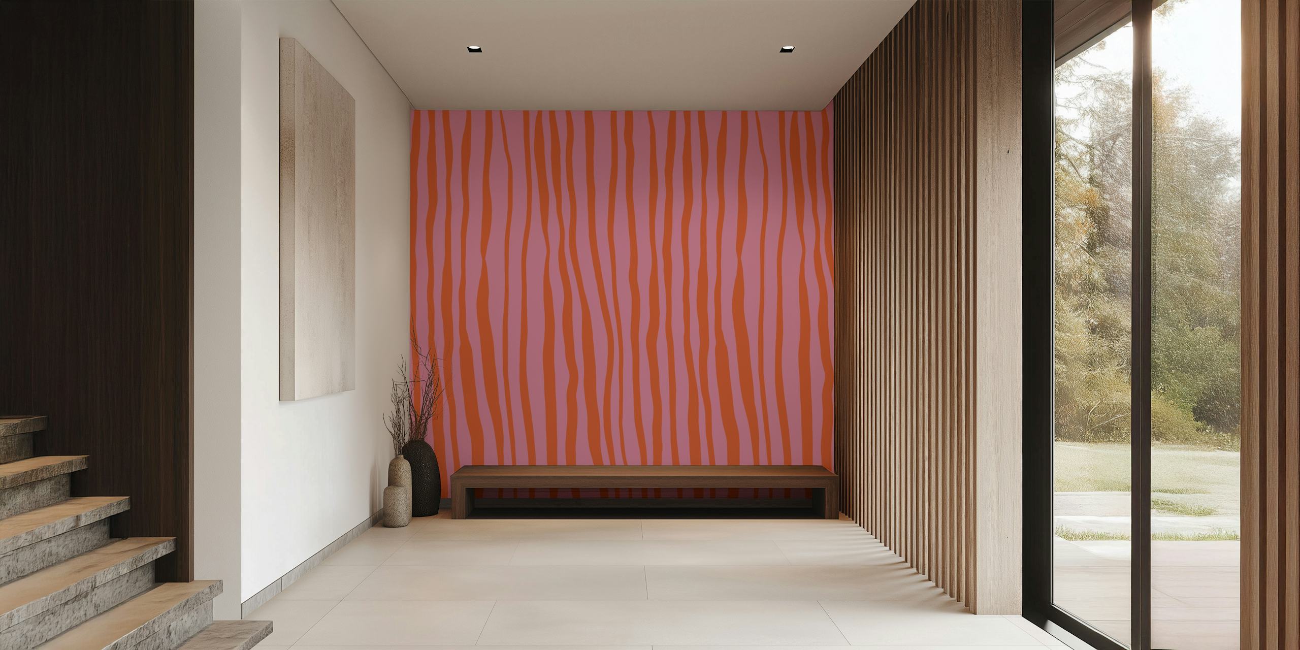 Orange and pink vertical lines wallpaper in a room