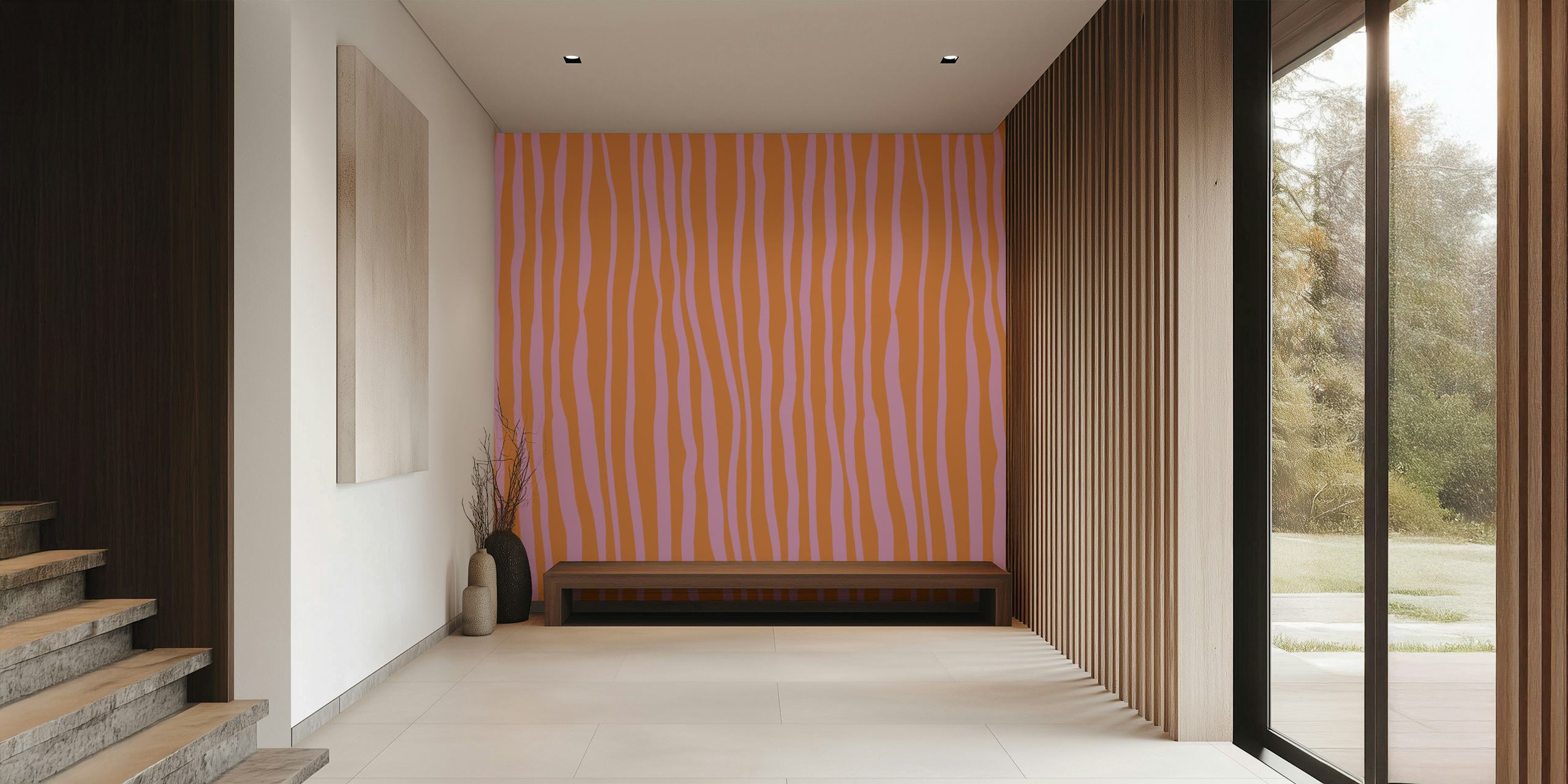 Papier peint mural lignes verticales rose pastel et orange