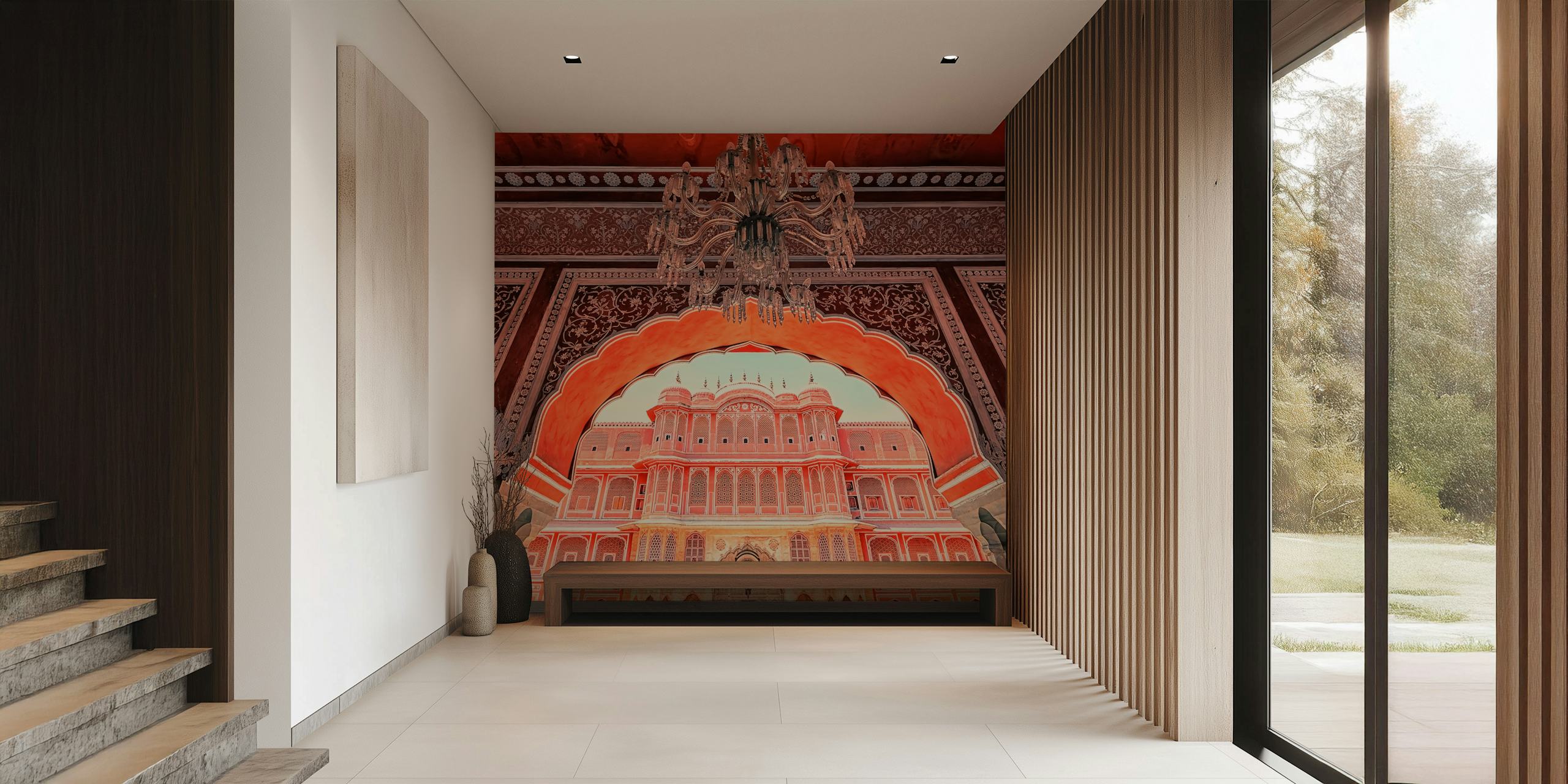 Intricate architecture with warm colors and chandelier wallpaper