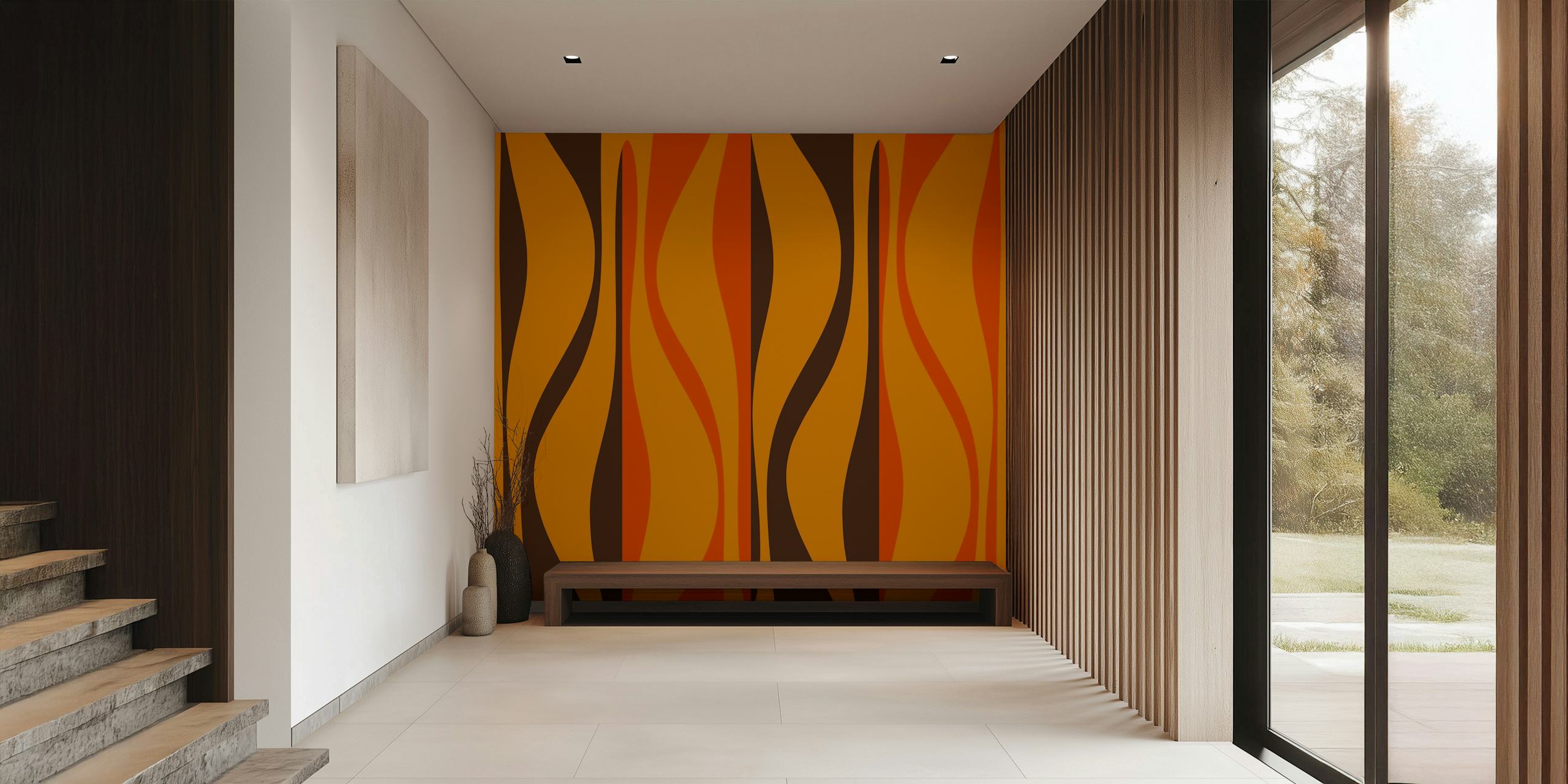 Retro striped wallpaper featuring orange and brown waves