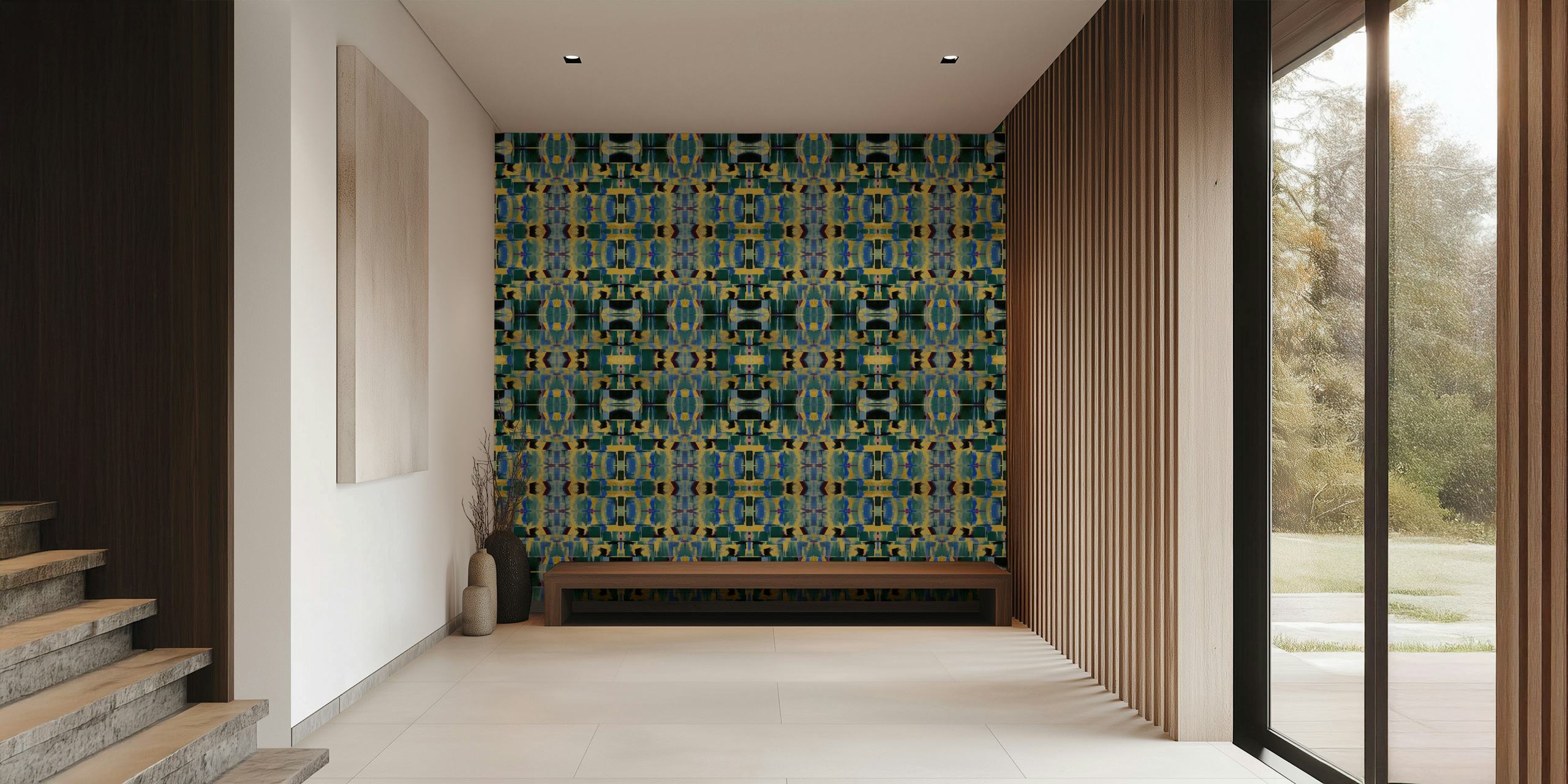 Art Deco geometric pattern in gold and blue wallpaper