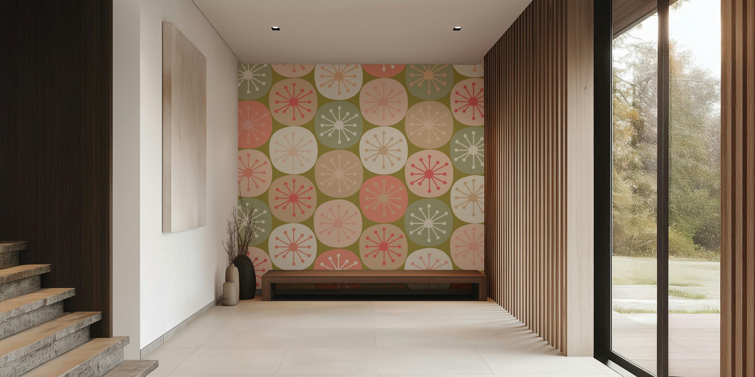 geometric circles in olive, pink, and cream tones wallpaper
