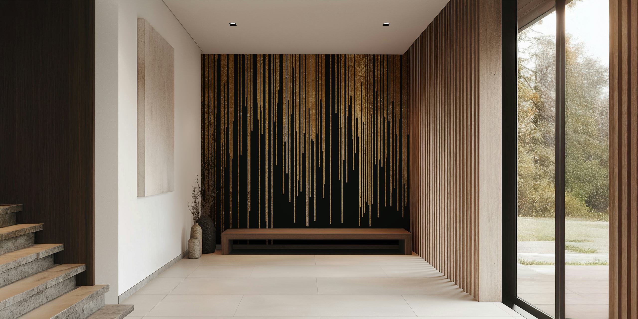 Abstract vertical lines in gold and black wallpaper