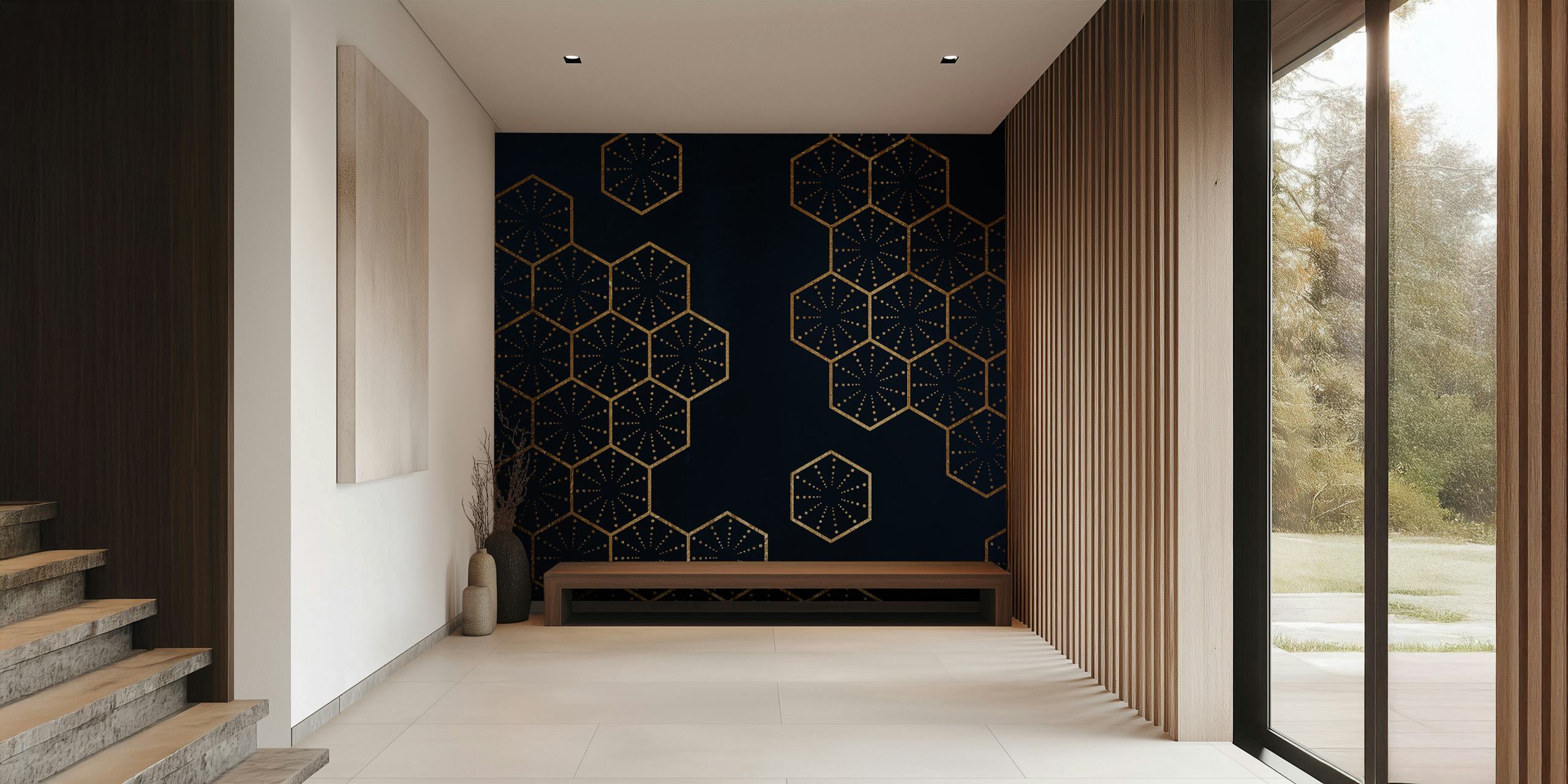 Navy geometric hexagon wallpaper with gold accents