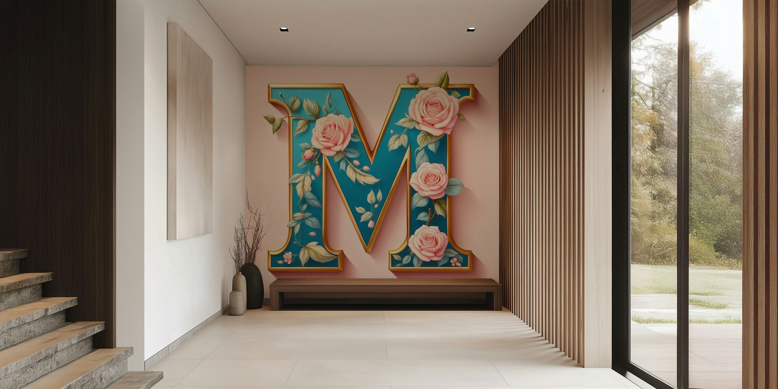 Blue floral letter M with roses wallpaper