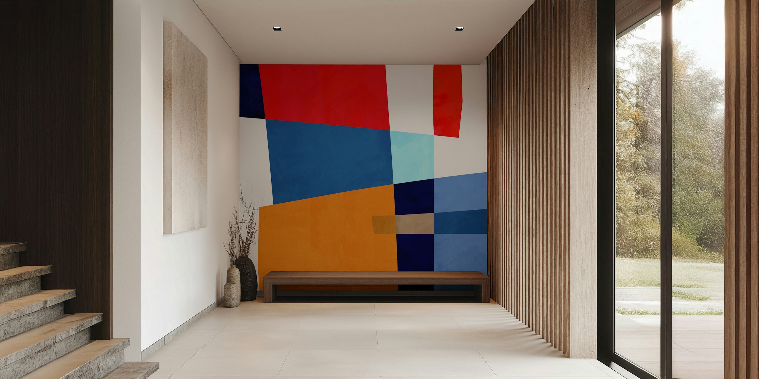 Mural de parede abstrato com formas geométricas ousadas em várias cores, como vermelho, azul, água-marinha e ocre.