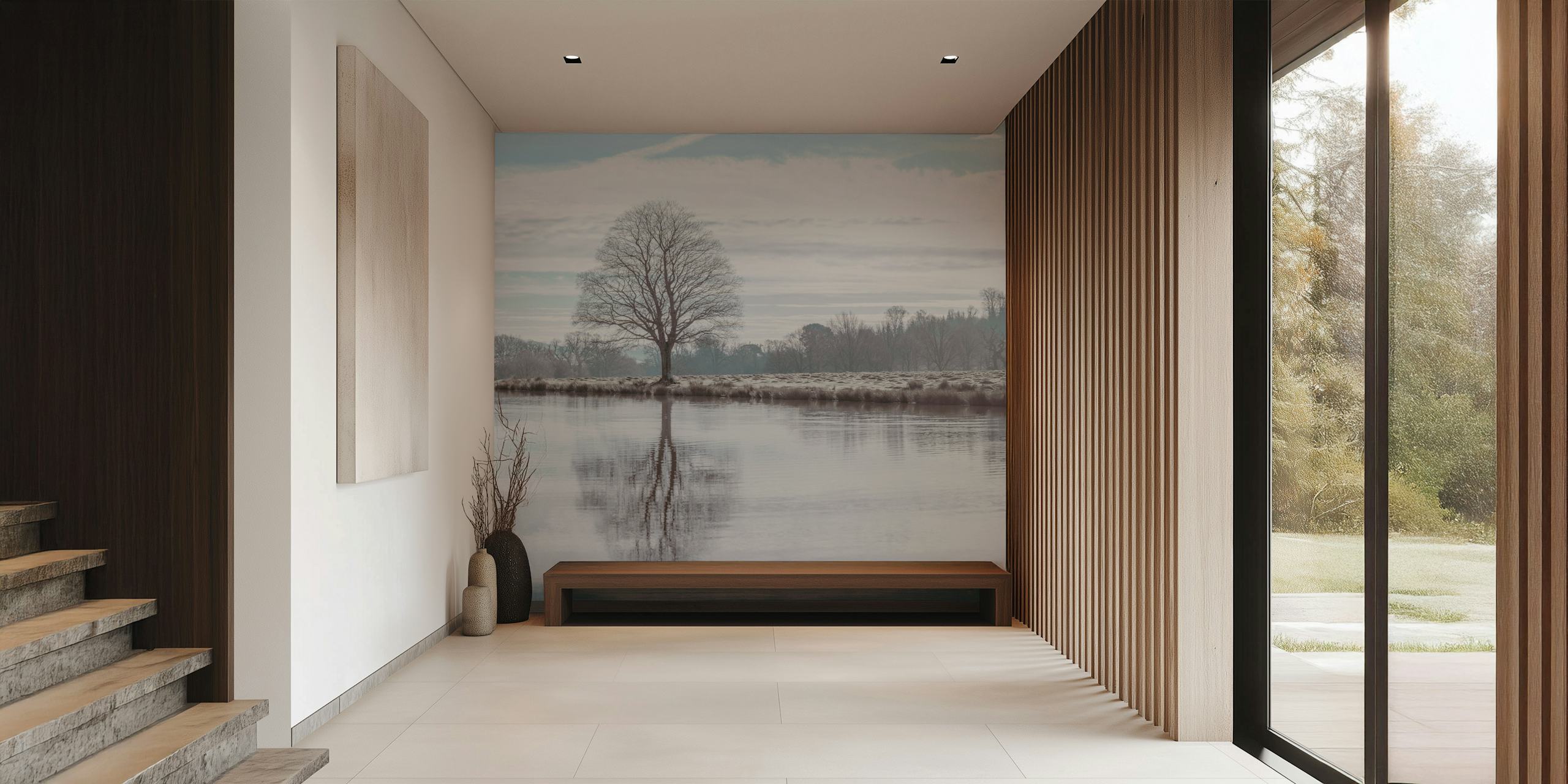 Tree reflection in calm water with light colors wallpaper