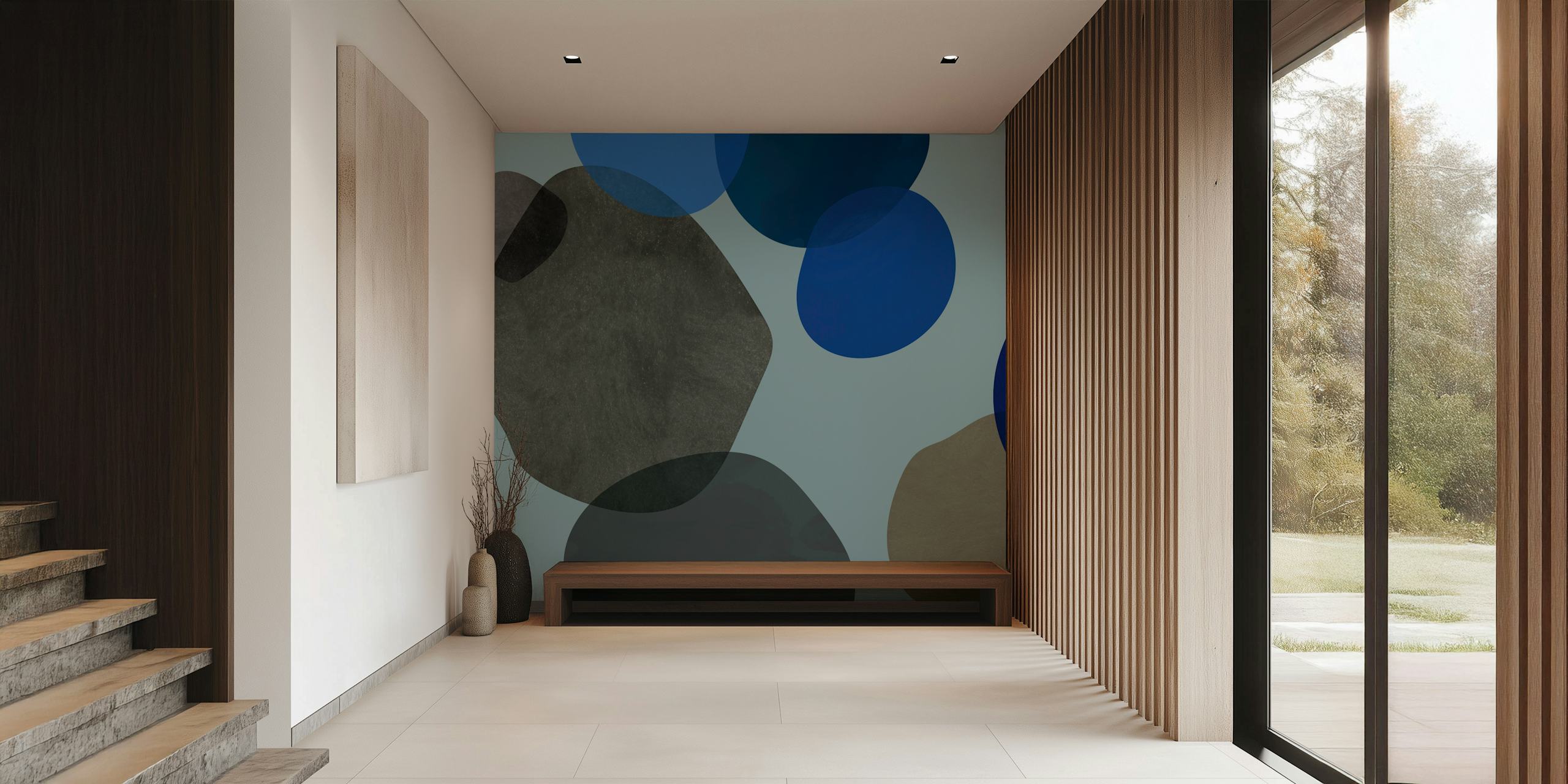 Abstract curved shapes in blue and grey wallpaper