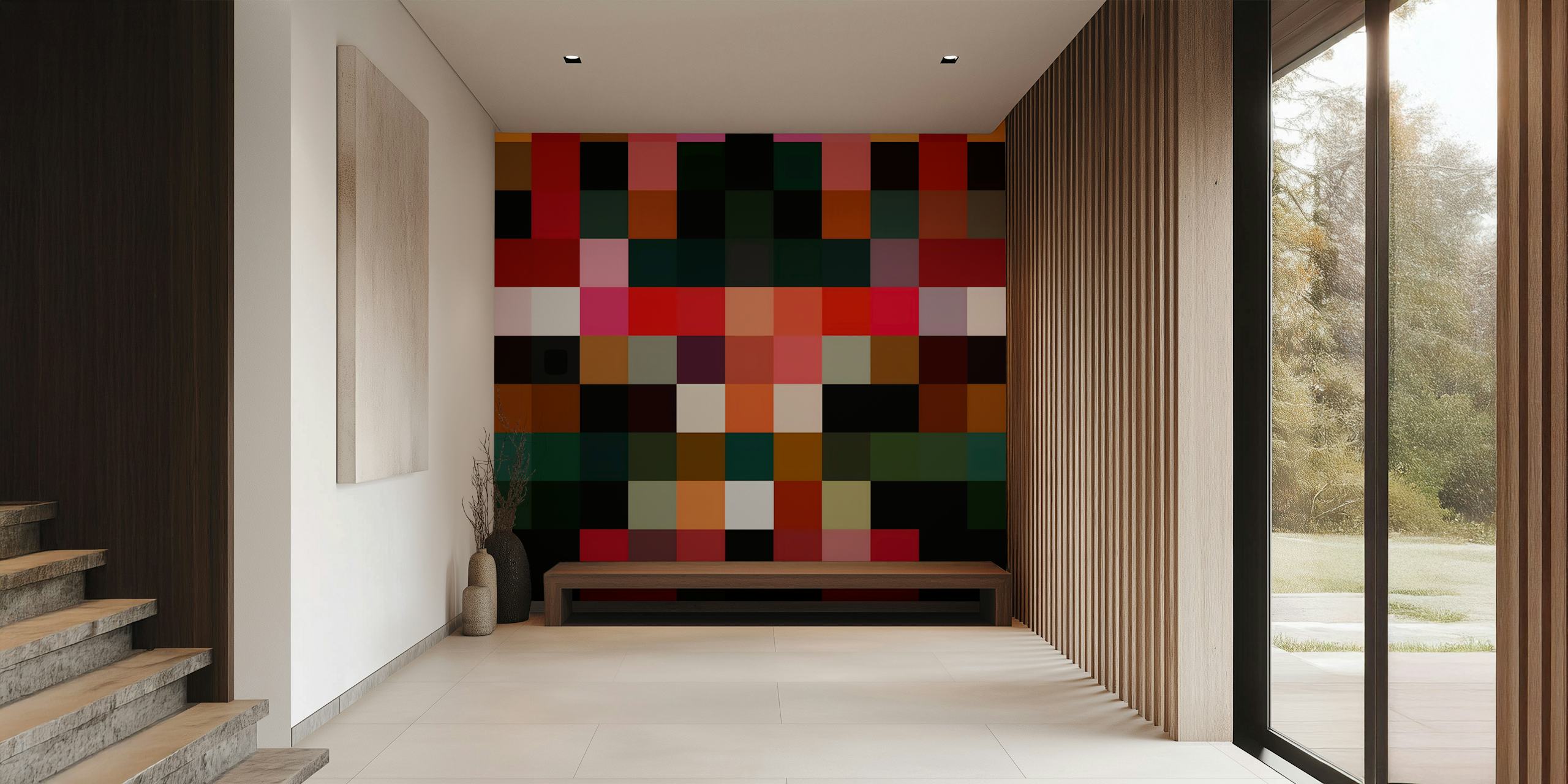 Colorful abstract artwork with vibrant hues of red, pink, and green wallpaper