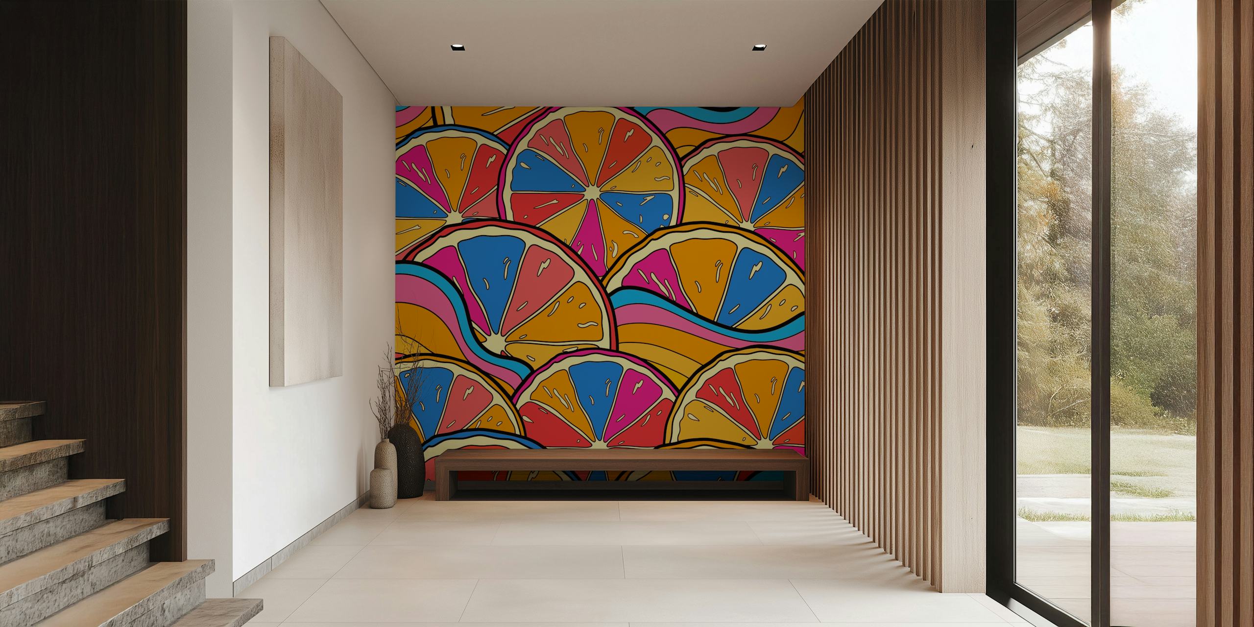 Colorful fruit slice wallpaper in a room