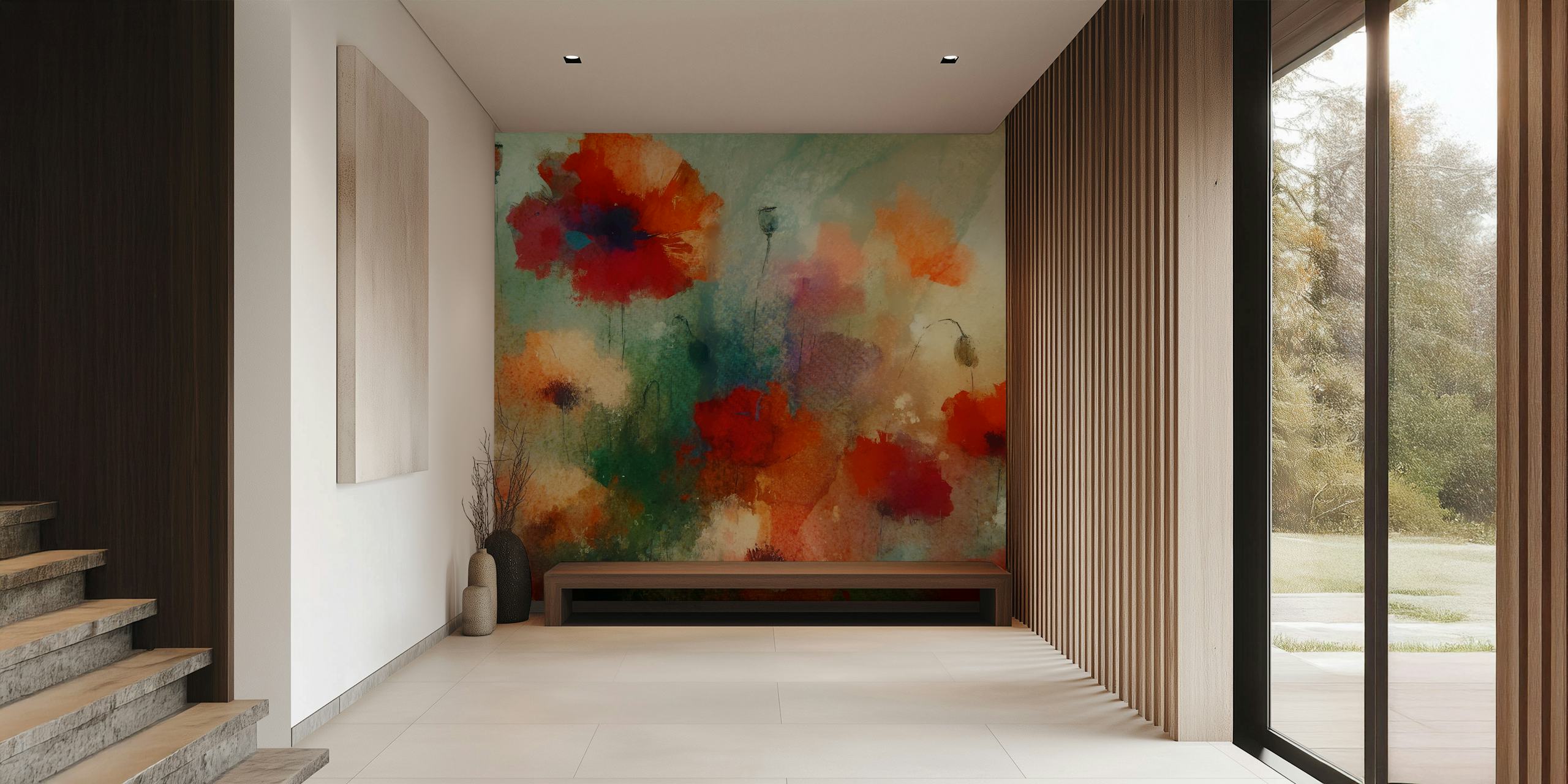 Red poppy flowers on a colorful background wallpaper