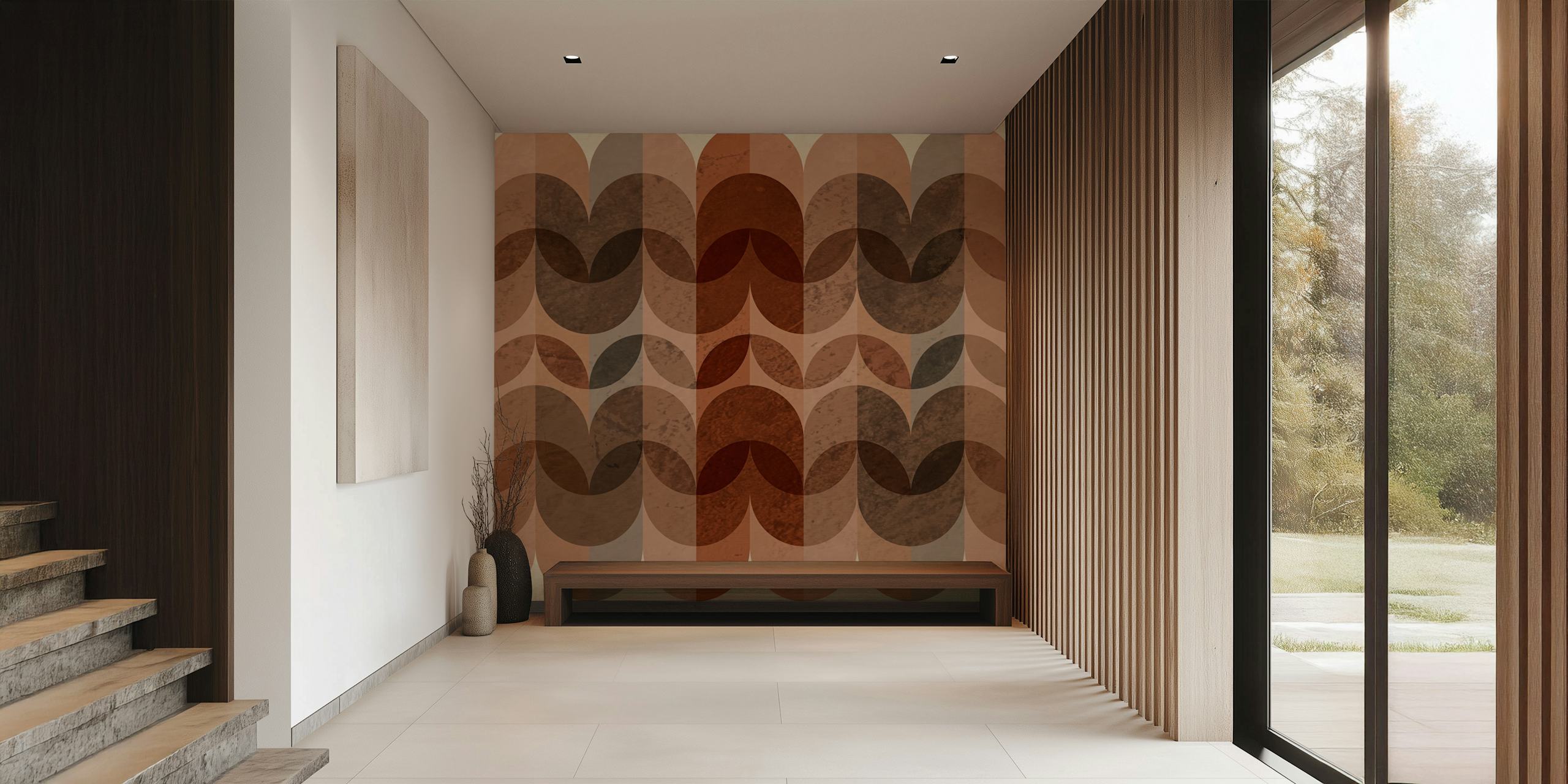 Geometric arches in earthy tones, featuring brown and beige colors, abstract wallpaper