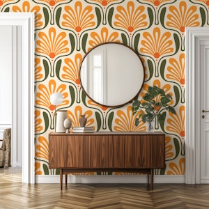 Art Deco Floral Waves in Orange Green - L