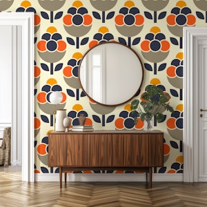 Vibrant modern retro florals orange navy