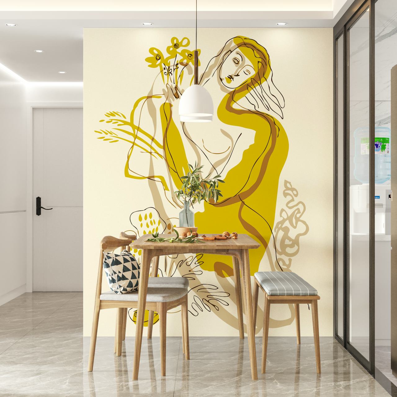Εικονογράφηση στυλ Mid Century Woman μιας γυναίκας με κίτρινο φόρεμα μουστάρδας και λουλούδια