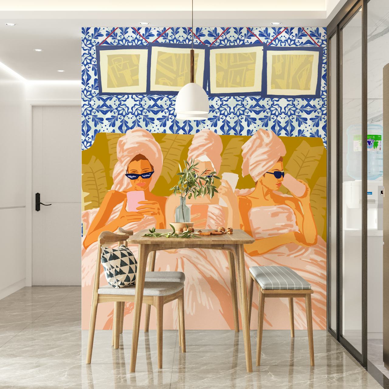 Three women in bathrobes with towels, blue floral wallpaper, modern style wallpaper