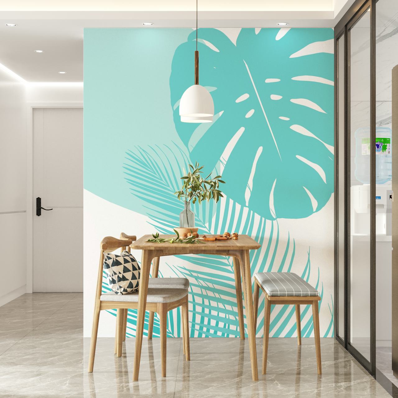 Stilisert monstera og palmeblad-tapet i pastelltoner