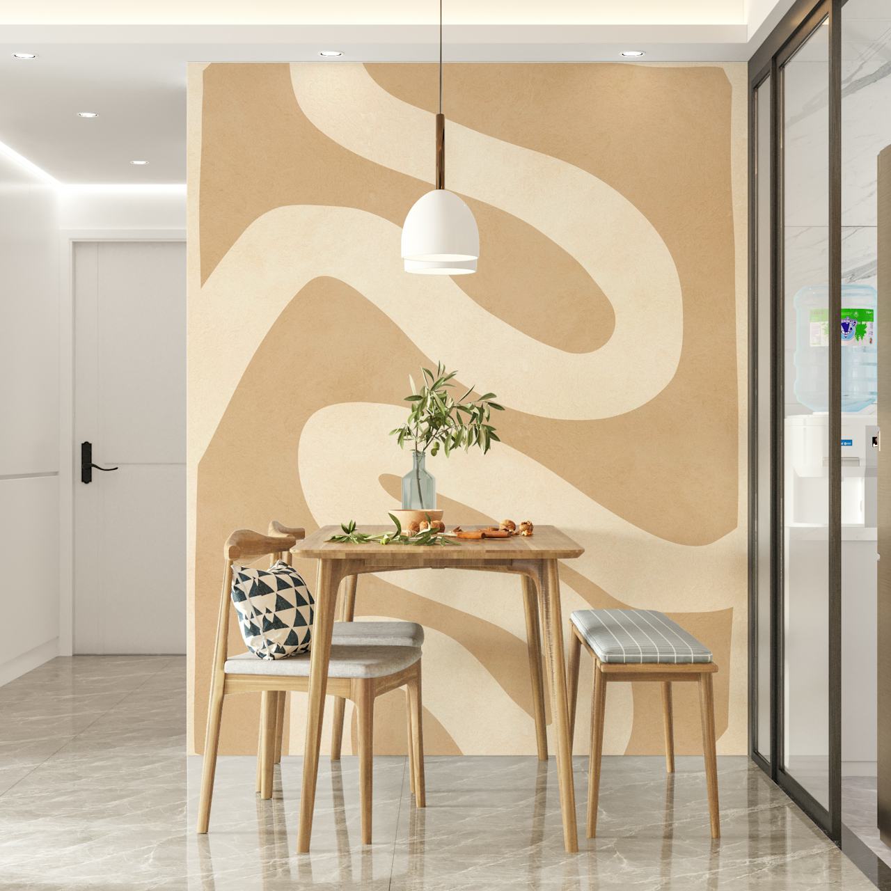 Lines on beige background tapet i ett rum