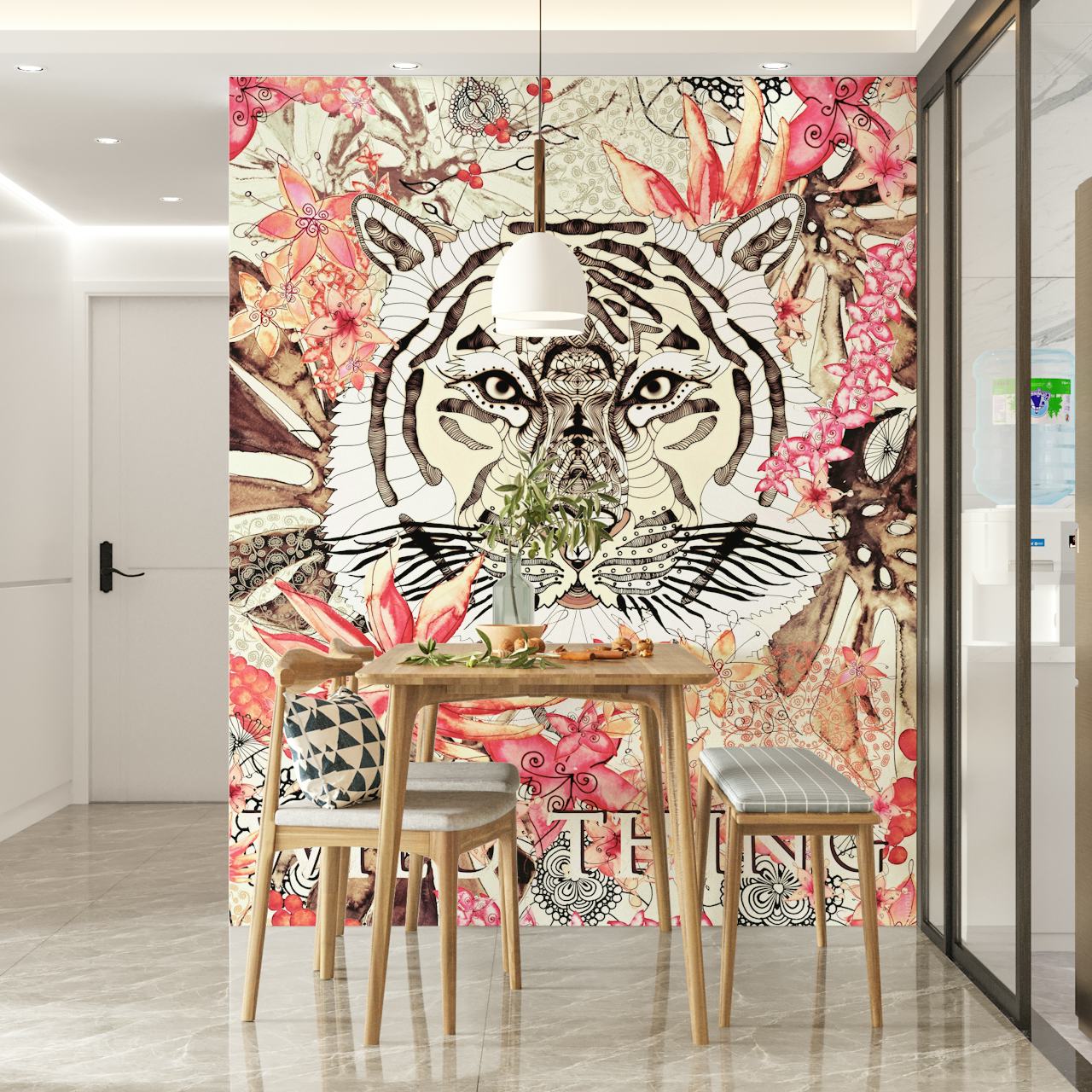 Tiger surrounded by pink flowers and intricate patterns wallpaper