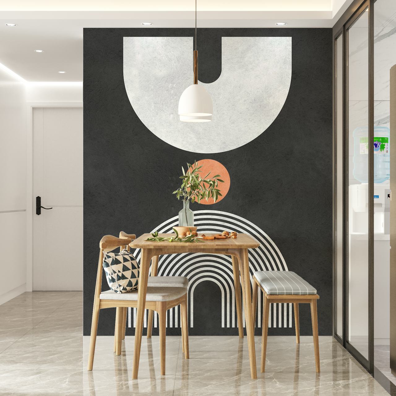 Black and white geometric shapes including lines and circles wallpaper