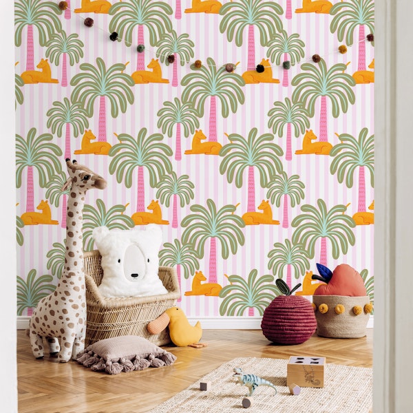 orange jungle cats with palms on pink stripes