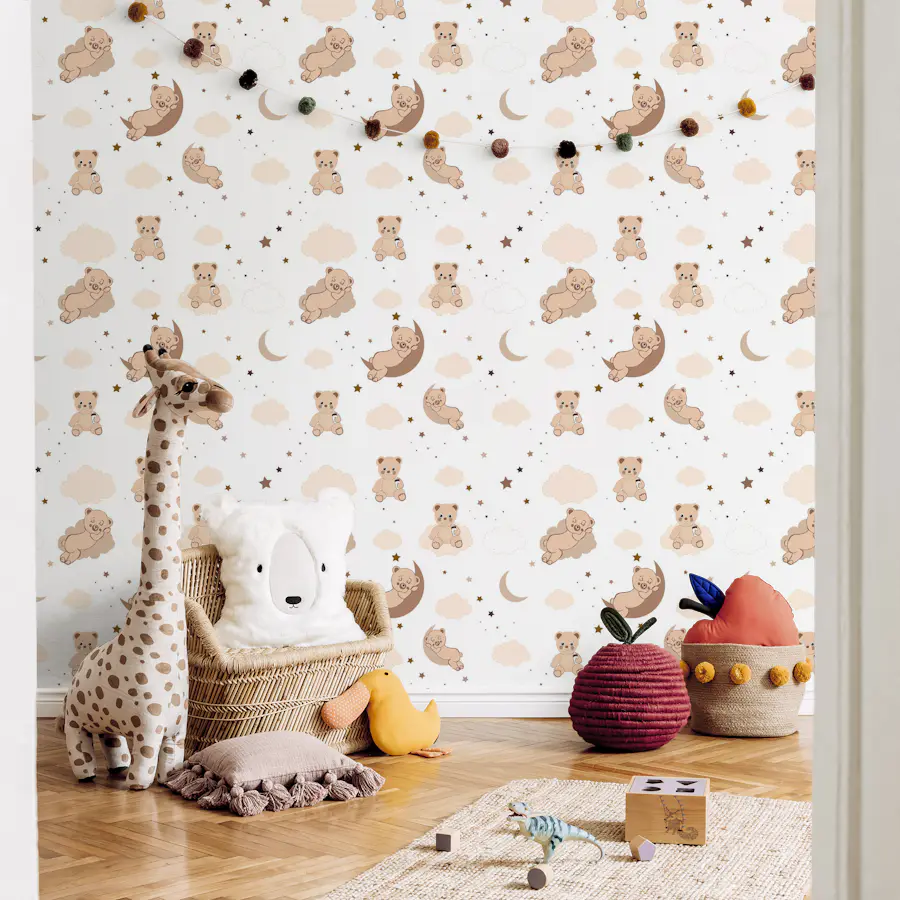 Cute teddy bear pattern with playful teddy illustrations and celestial elements on a wallpaper mural