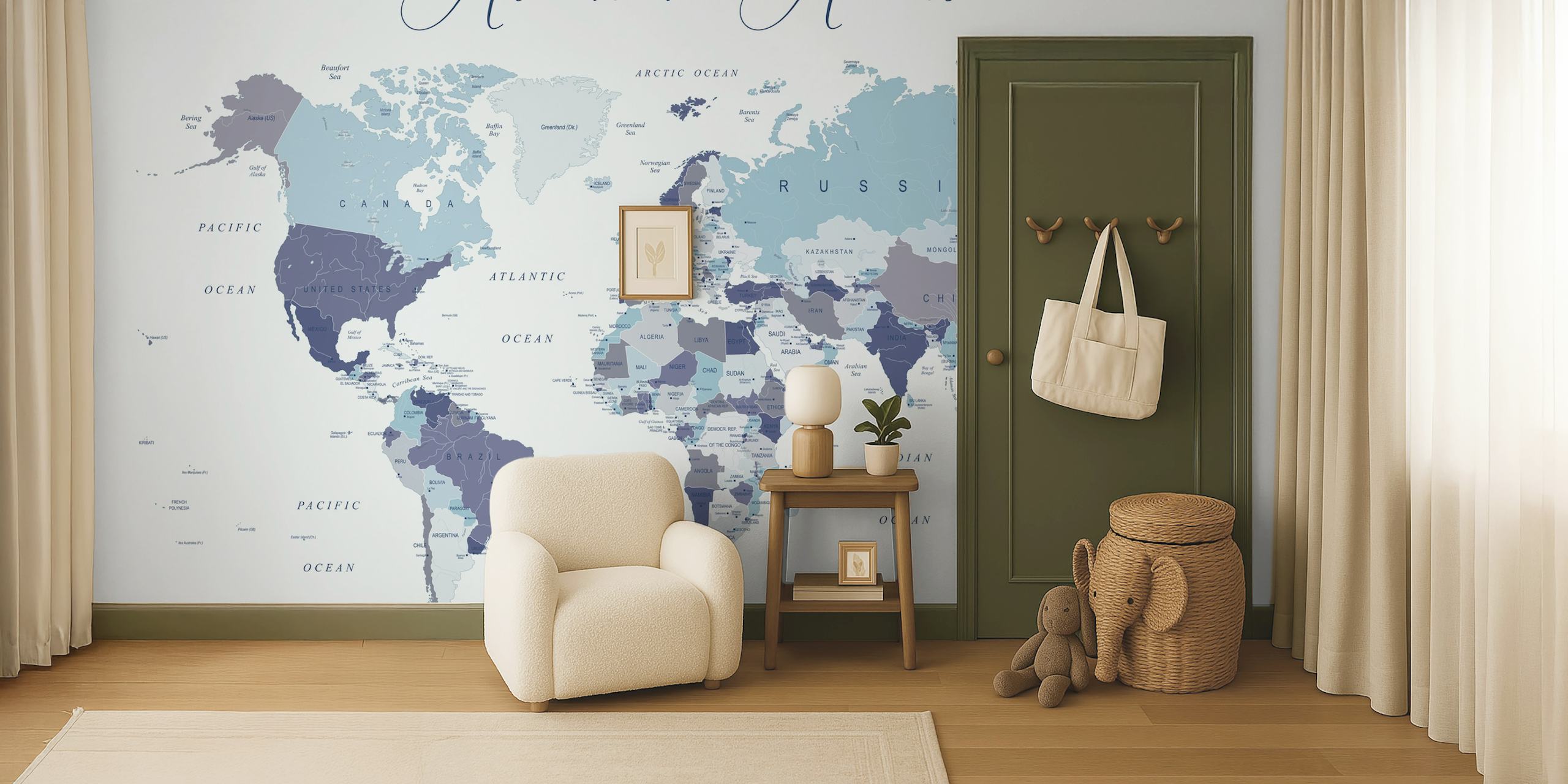 World map in blue shades featuring country names and details wallpaper