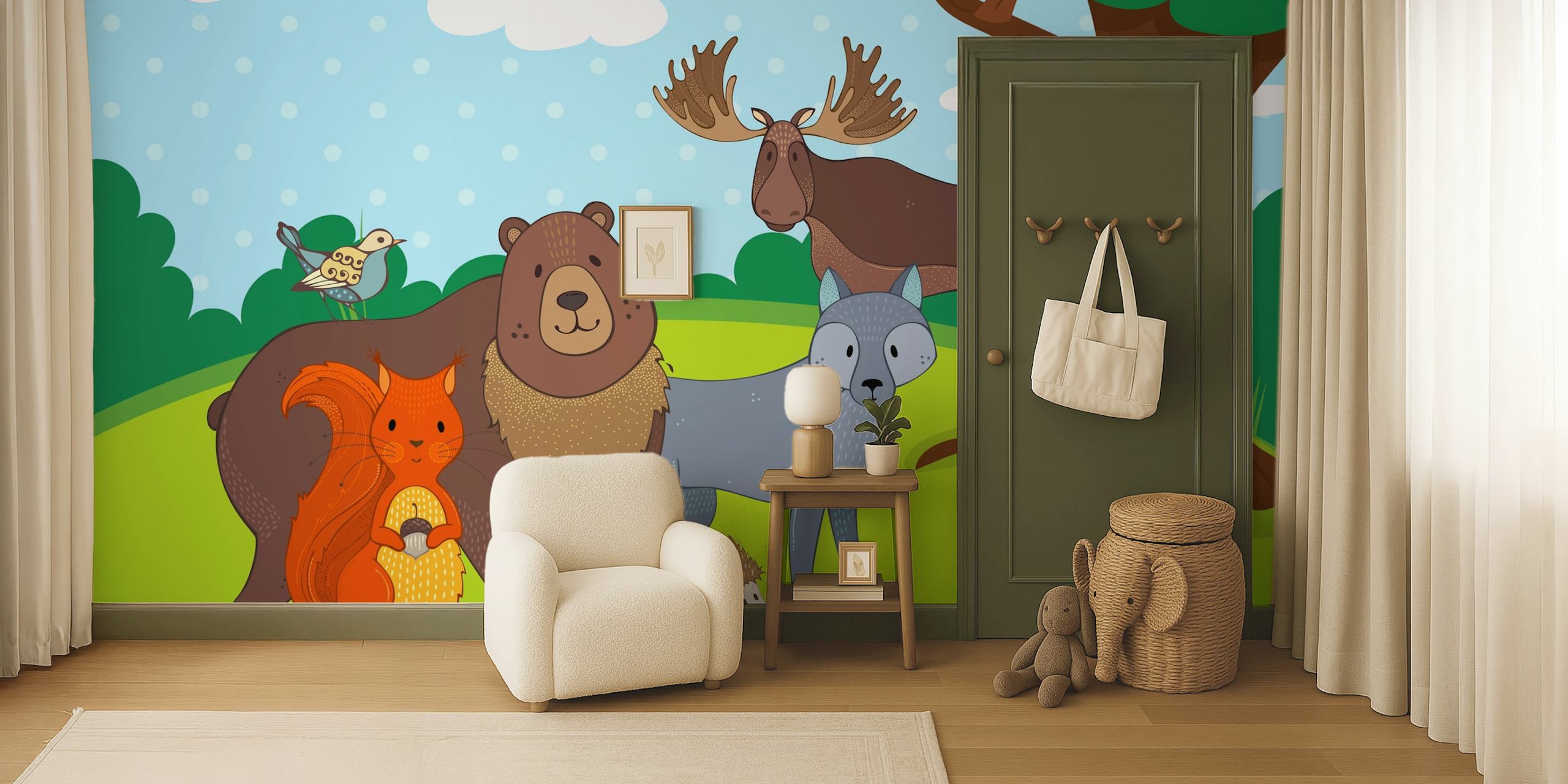 Woodland animals like a bear, squirrel, and moose in a green forest, colorful cartoon-style wallpaper