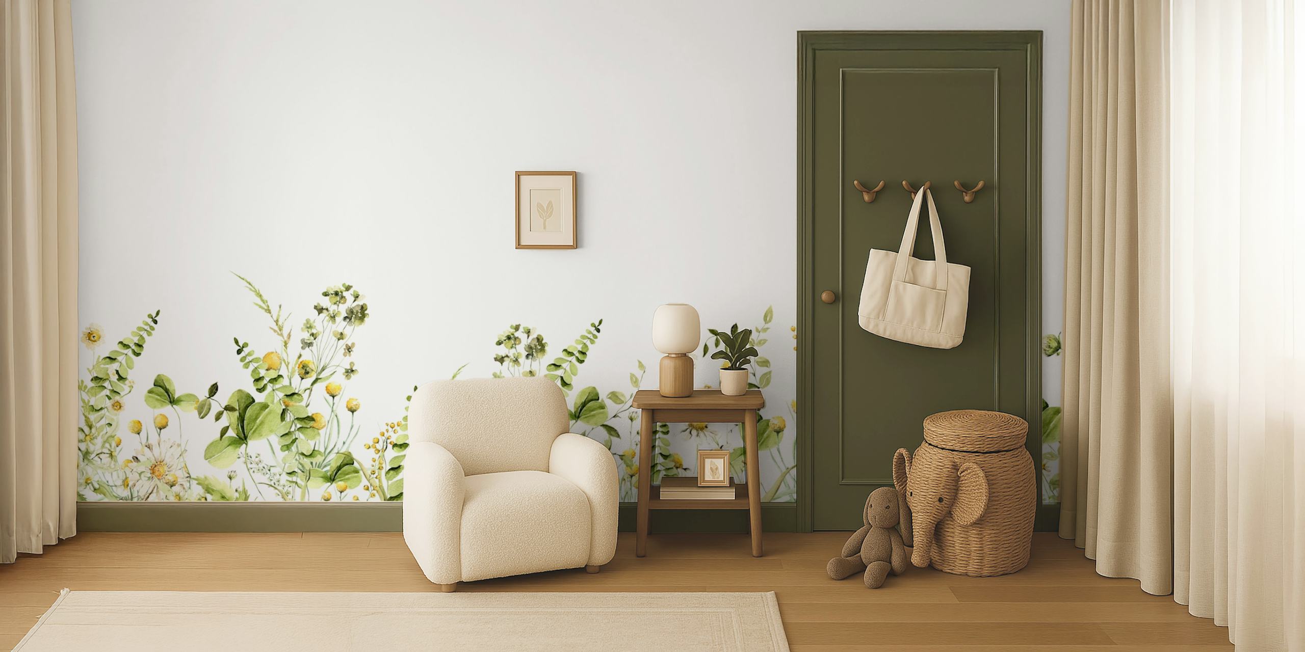 Botanical floral design with yellow flowers and green leaves wallpaper