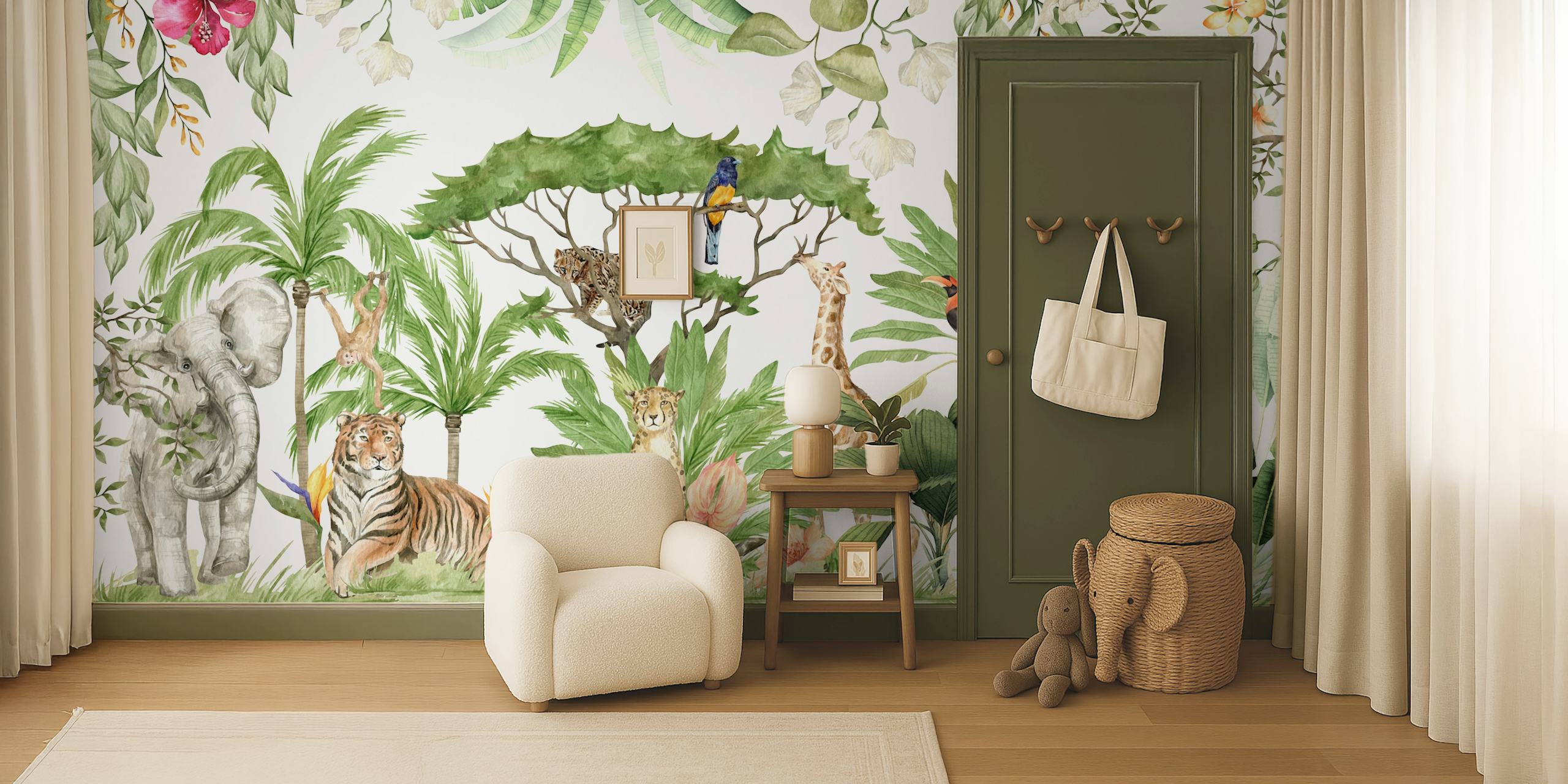 Tropical wallpaper featuring elephants, tigers, giraffes, lush green plants and flowers