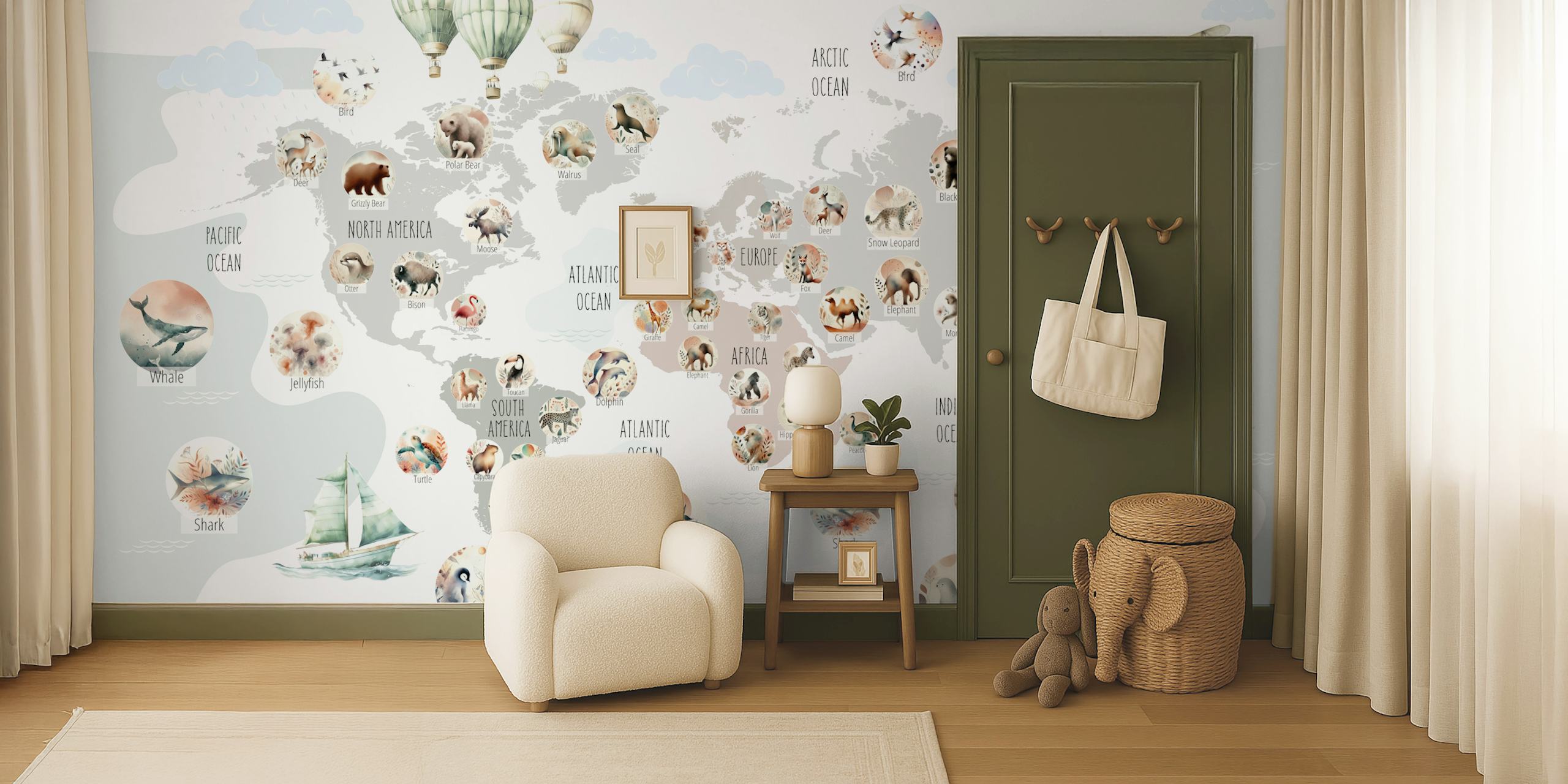 World map with various animal illustrations in pastel colors; wall mural.