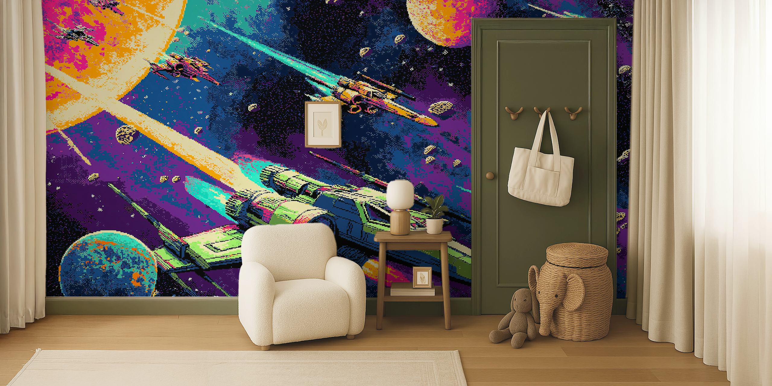 Ruimte thema met raketten, planeten en sterren op kleurrijke achtergrond wallpaper