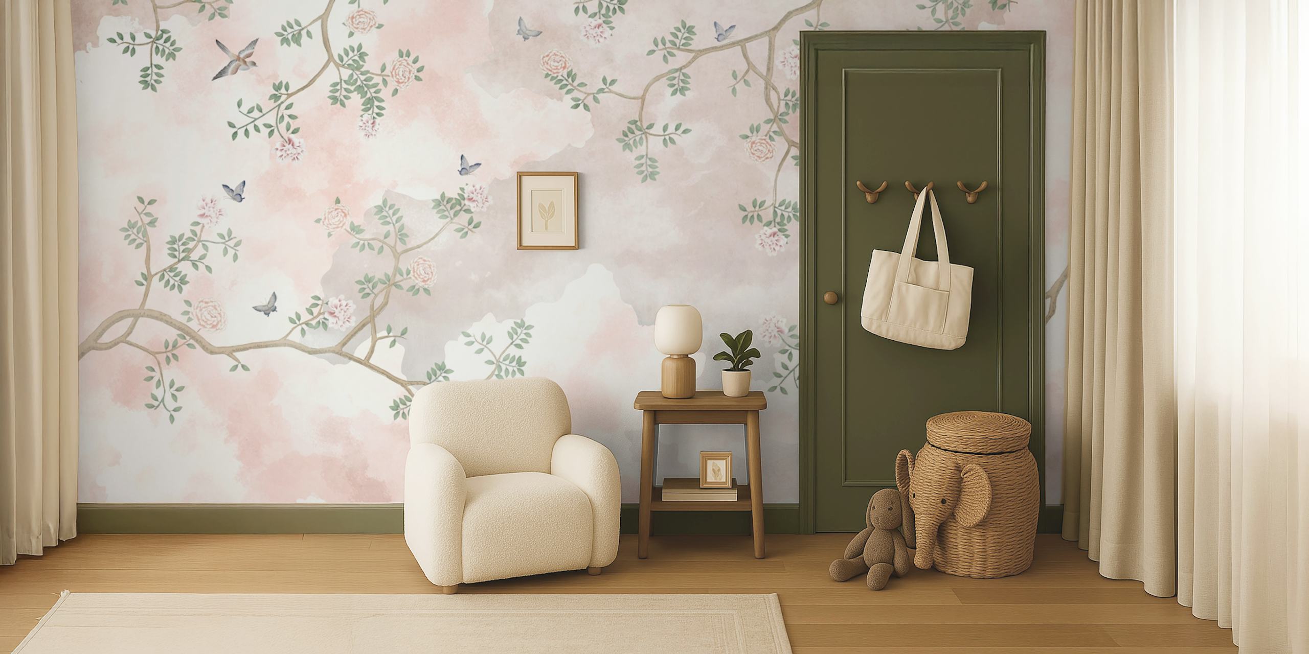 Blossoms and Birds in the Sky wallpaper displayed in a room