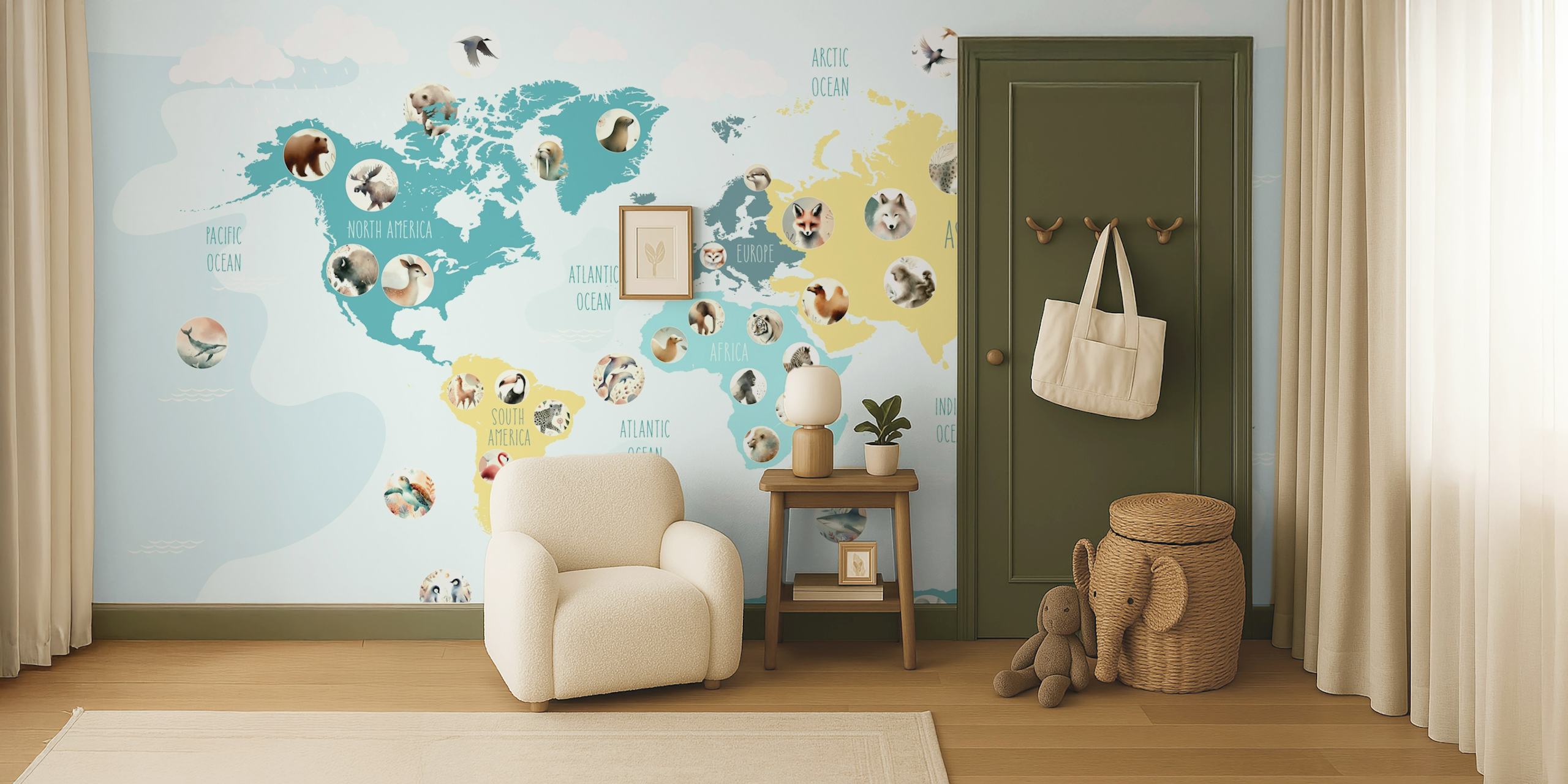 Teal wildlife world map wallpaper in a room.